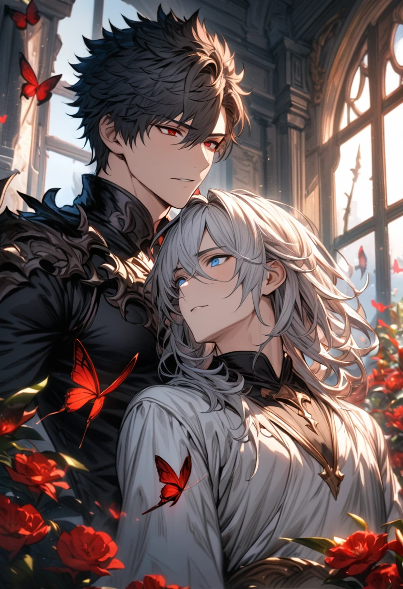absurdres, highres, ultra detailed, HDR), masterpiece, Lucilius, white medium hair, hair between the eyes, white tunic, expressive blue eyes, Belial, black short hair, hair between the eyes, expressive red eyes, black clothes, 2men together, gay couple, handsome, granblue fantasy, red flowers, red butterflies, window