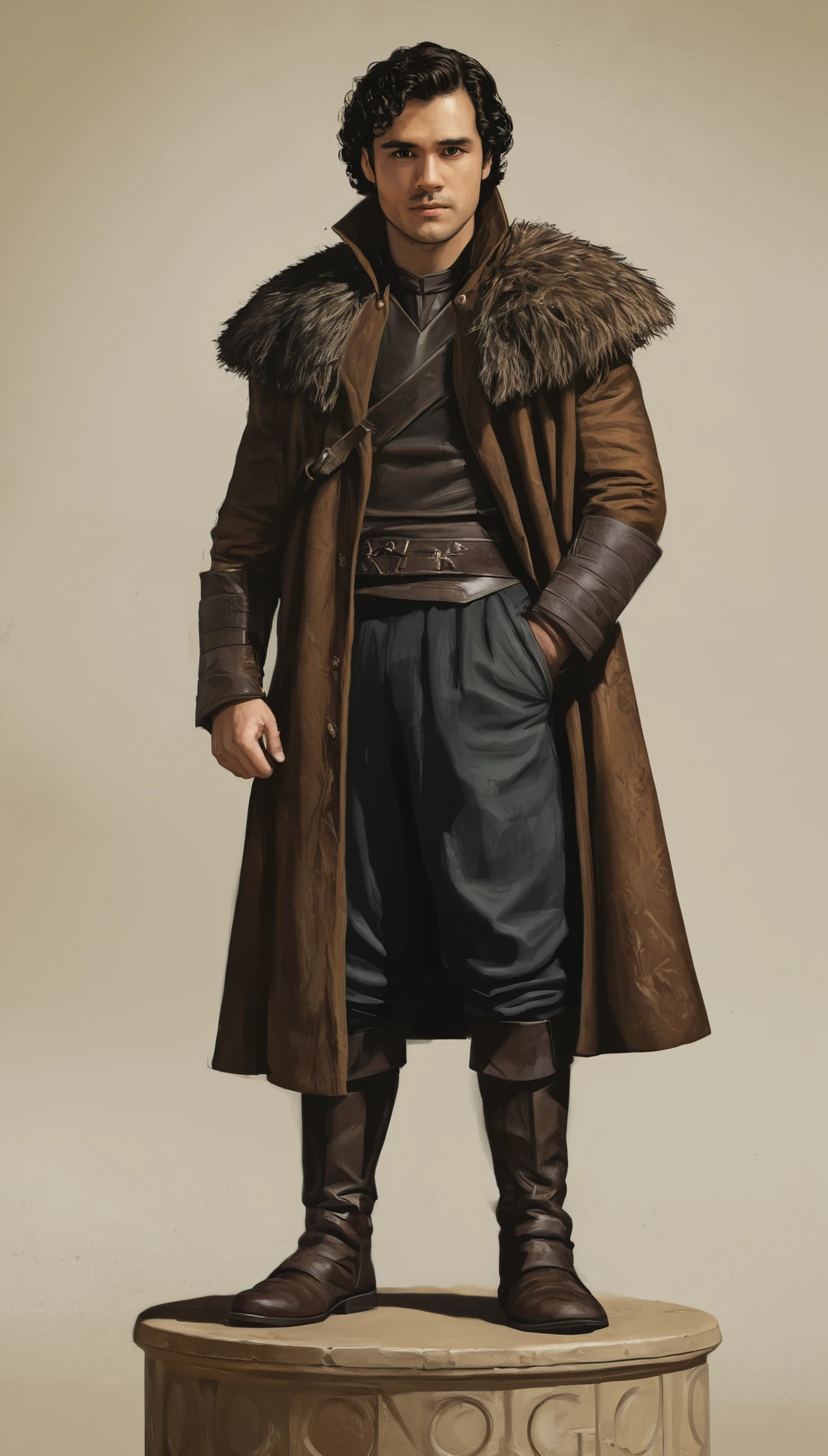 An illustrated movie poster, hand-drawn, full color, a Westerosi nobleman, 28 years-old, wearing a regal coat, resembles Gavin Leatherwood, sun-tanned skin, stocky physique, deep brown eyes, wide bulbous nose, black hair, curly hair, thick bushy eyebrows, extremely hairy chest, stomach, and arms, lots of body hair, posing on a pedestal, hard shadows, graphite shading, stencil markings, airbrushed acrylic paint, masterpiece, in the style of Game of Thrones