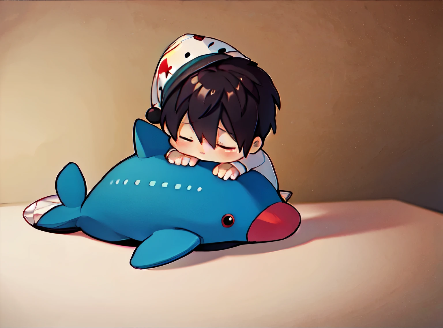 Asian boy, Shota, stuffed dolphin, Hair (((gris))), ((sleepy face))