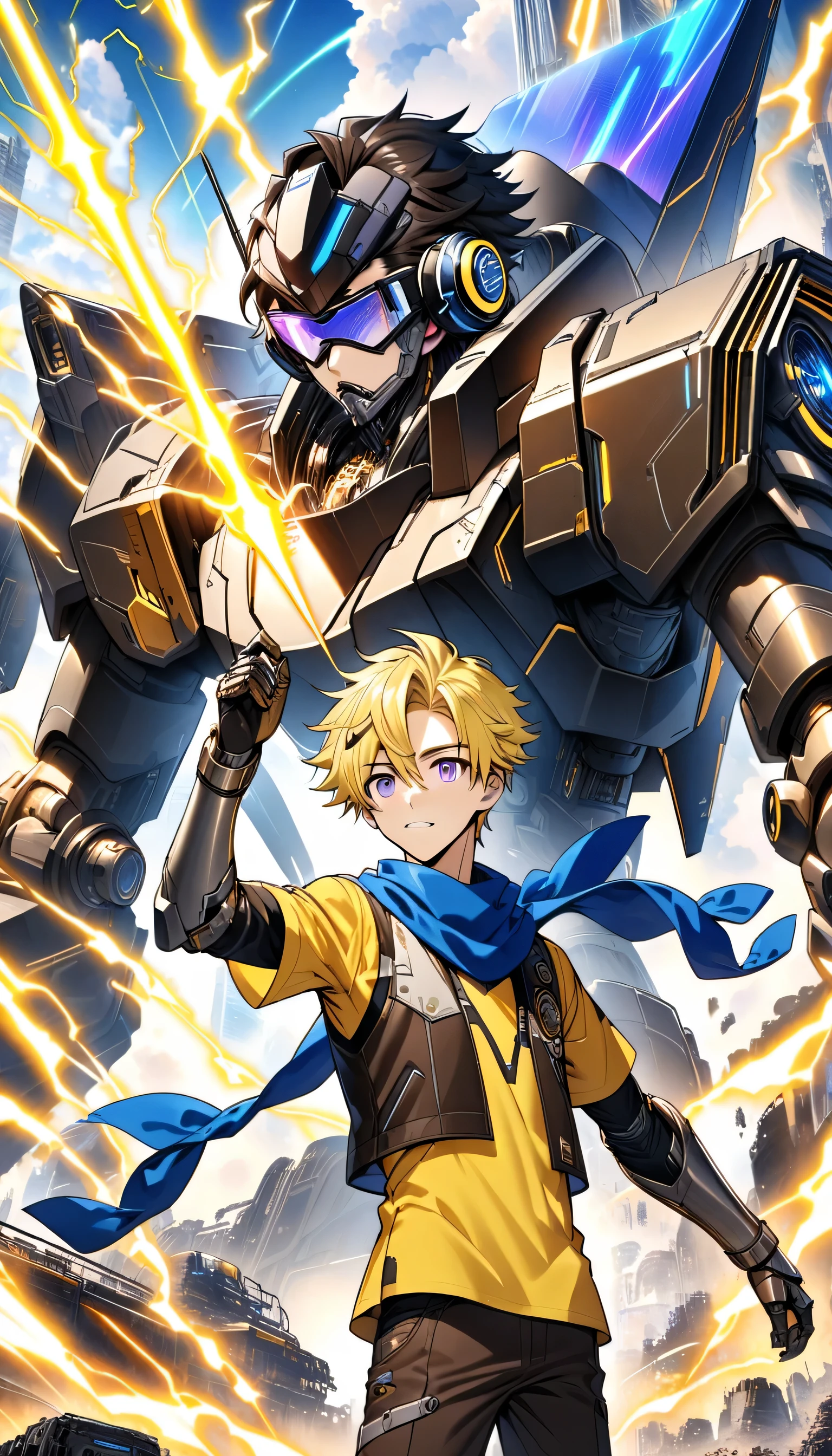  anime male with fair skin, thin but toned body, blonde hair with a few black and white streaks, purple eyes, wearing a black steampunk vest, yellow shirt, dark brown pants, and a blue scarf, with high tech sci fi headphones, high tech sci fi goggles on his hair, high tech sci fi gauntlets, and high tech sci fi greaves. He is also holding a high tech sci fi spear, and prismatic colored electricity is shooting out from his gauntlets. There is a massive mech made of yellow energy in the background 