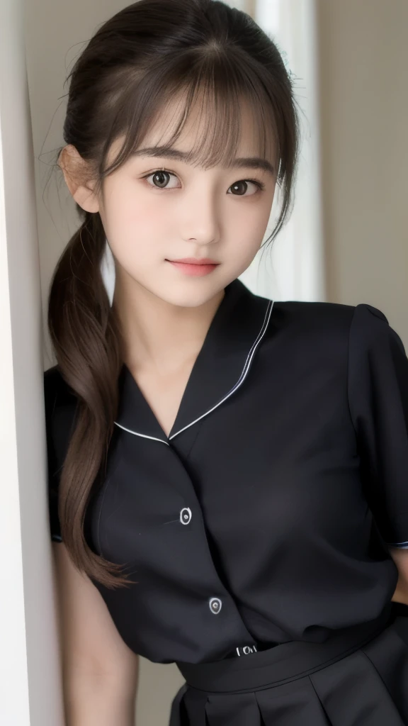 highest quality,photo quality,ultra high resolution,professional lighting,,(Cute like a little sisteress,thin face,detailed face,ponytail,(short bangs),(Japanese high school uniform:1.1),transparent blouse:0.8,black skirt,look at the viewer