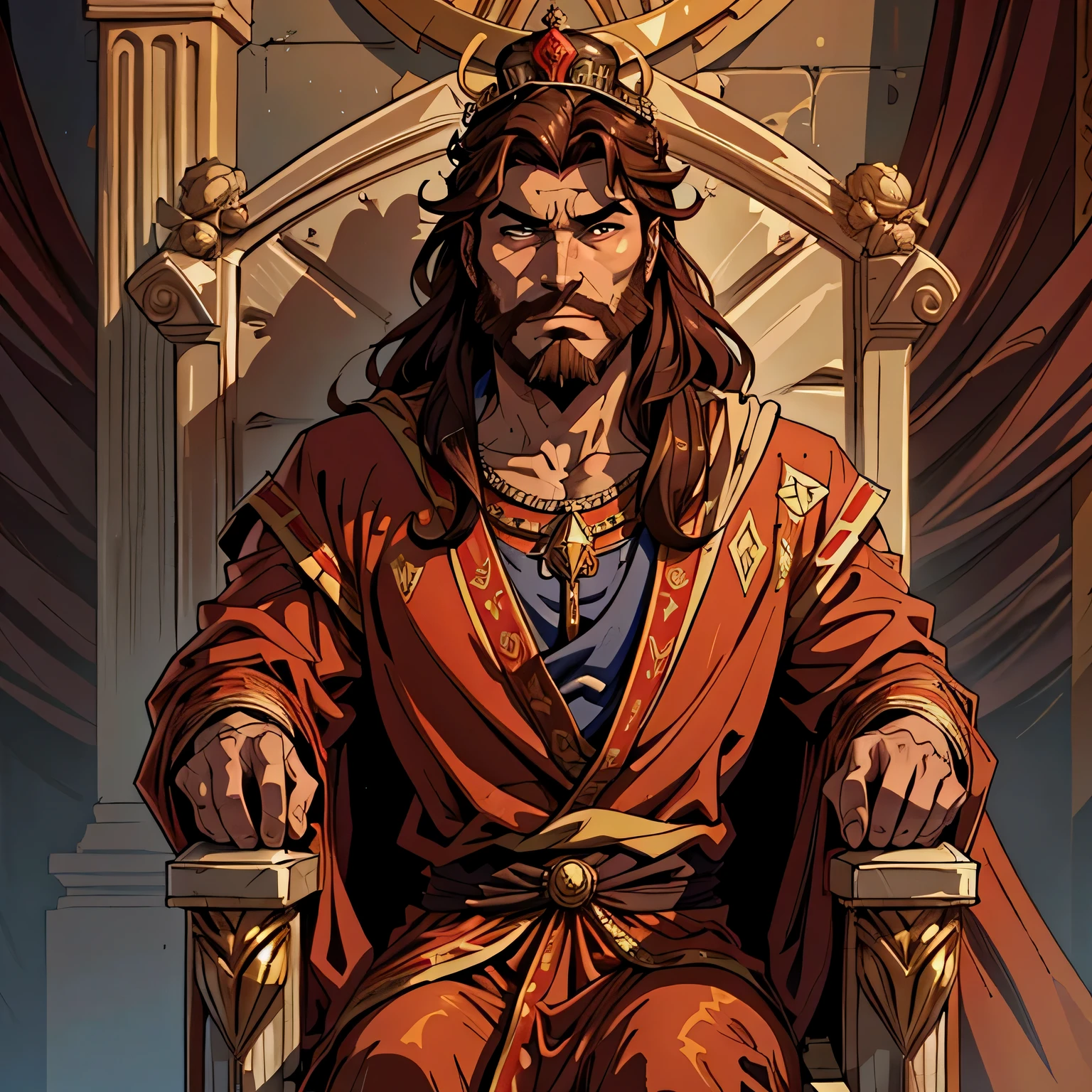 imagem de melhor qualidade, homem, rei, with long medium brown hair, com barba, olhar penetrante, serious expression, forte, sentado em um trono, with a crown on his head, em vestes reais, biblical style