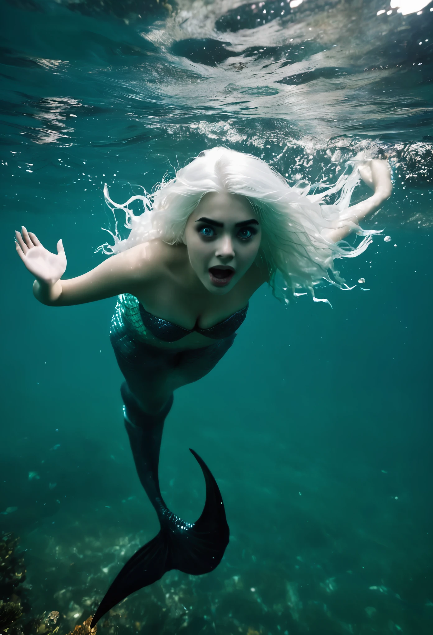 A woman of approximately 18 years old with white hair is taken by the feet of an evil mermaid and the mermaid is pulling her to the bottom of the sea with the intention of drowning her.. The girl is scared and you can see it in her clear eyes, the sea water is dark and dirty, solo se ve un poco de luz del exterior