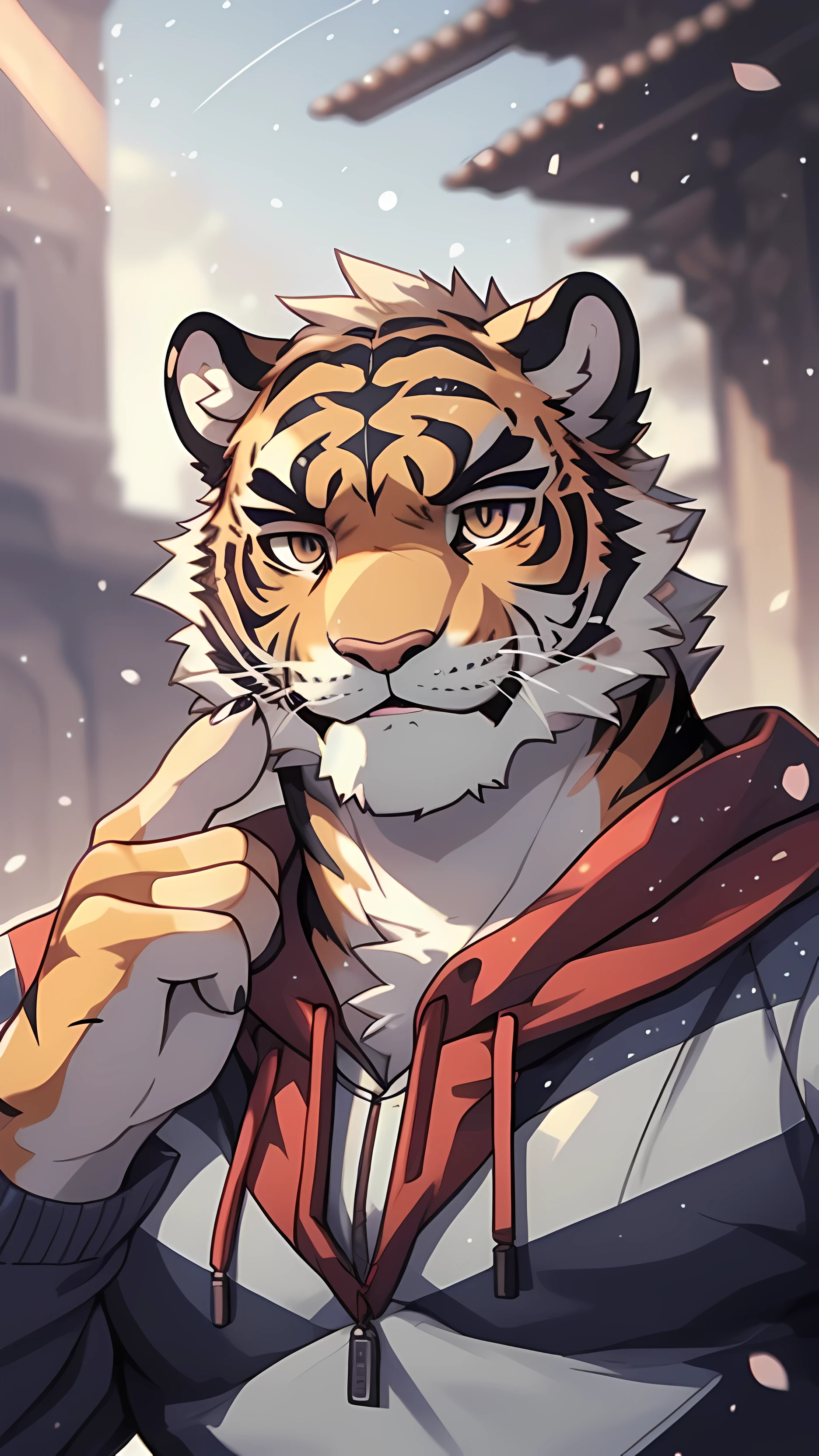 Masterpiece, Official Art, Furry, Masculine, Anthropomorphic Tiger, Delicate Face, Delicate Eyes, White Sweatshirt, Scars on Face, Finger Tiger: 1.2, Depth of Field, Perfect Lighting, Light Particles, (Best Quality), (Masterpiece), (Hyperdetail), Sharp Focus, Light Particles