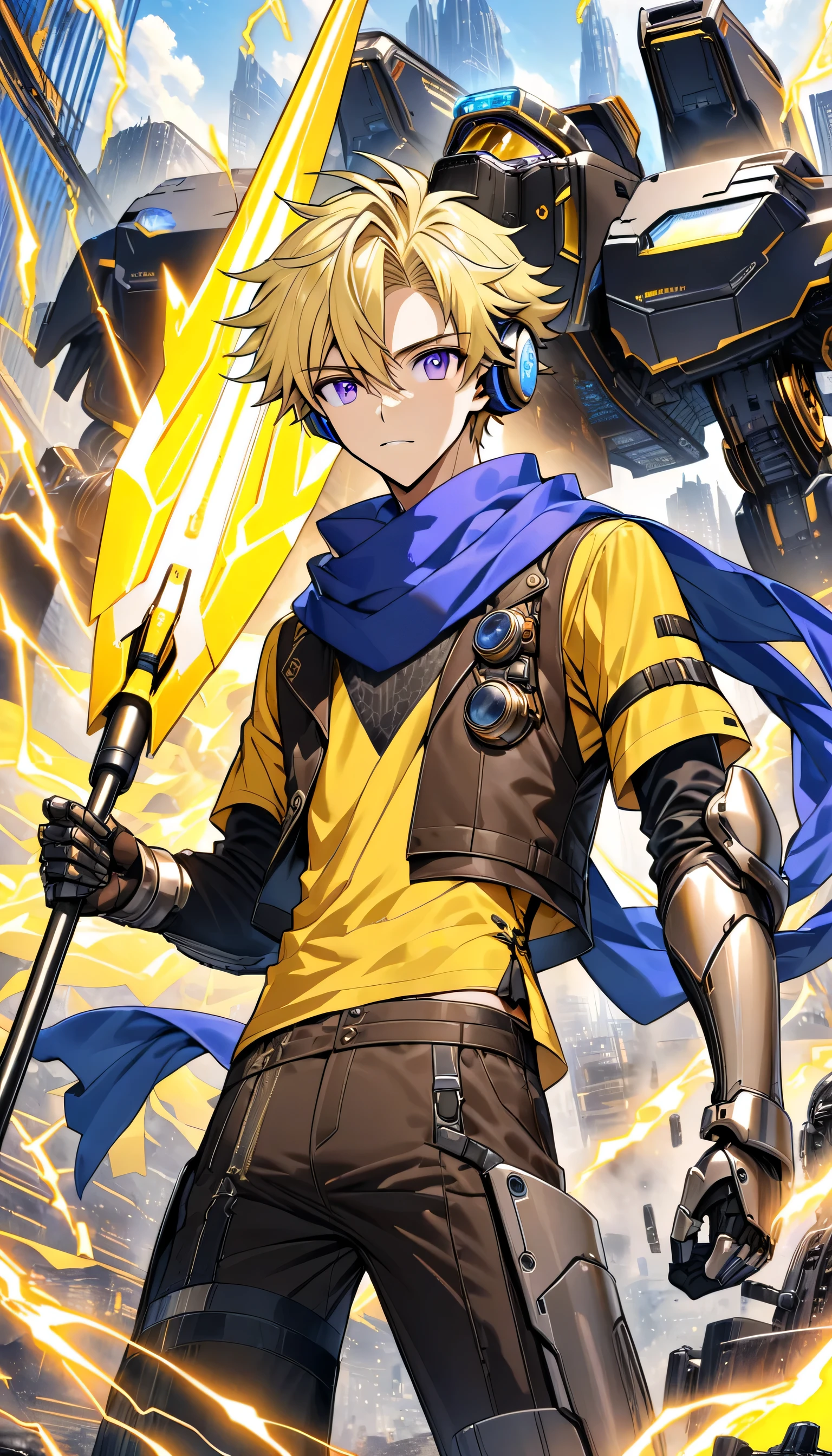 Young adult 15 year old anime male with fair skin, thin but toned body, blonde hair with a few black and white streaks, purple eyes, wearing a black steampunk vest, yellow shirt, dark brown pants, and a blue scarf, with high tech sci fi headphones, high tech sci fi goggles on his hair, high tech sci fi gauntlets, and high tech sci fi greaves. He is also holding a high tech sci fi spear, and prismatic colored electricity is shooting out from his gauntlets. There is a massive mech made of yellow energy in the background