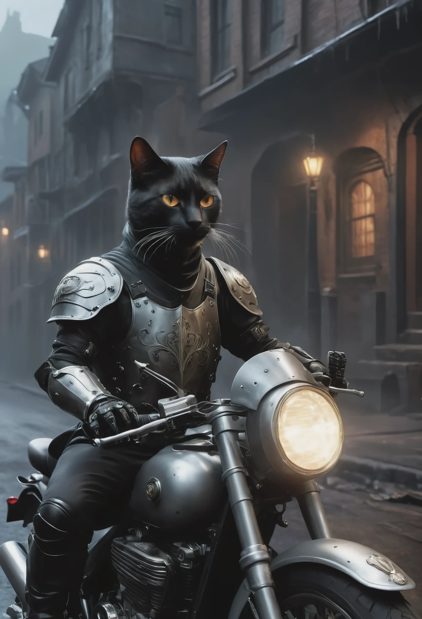 High resolution, high quality, masterpiece.Anthropomorphic cat Wearing the armor of a knight, Riding a motorcycle, black style, Wearing the armor of a knight, Riding a motorcycle. street, fog, the eyes of ghosts sparkle in fog., Movietic light, many details, actual, 4K, Movie, epic, Armor highlights, Neon atmosphere, abstract black oil, Gear Machinery, Detailed acrylic, Rubbish, Complexity, Rendered in Unreal Engine, photoactual Hyperdetalization. Surrealism. dramatic light. 