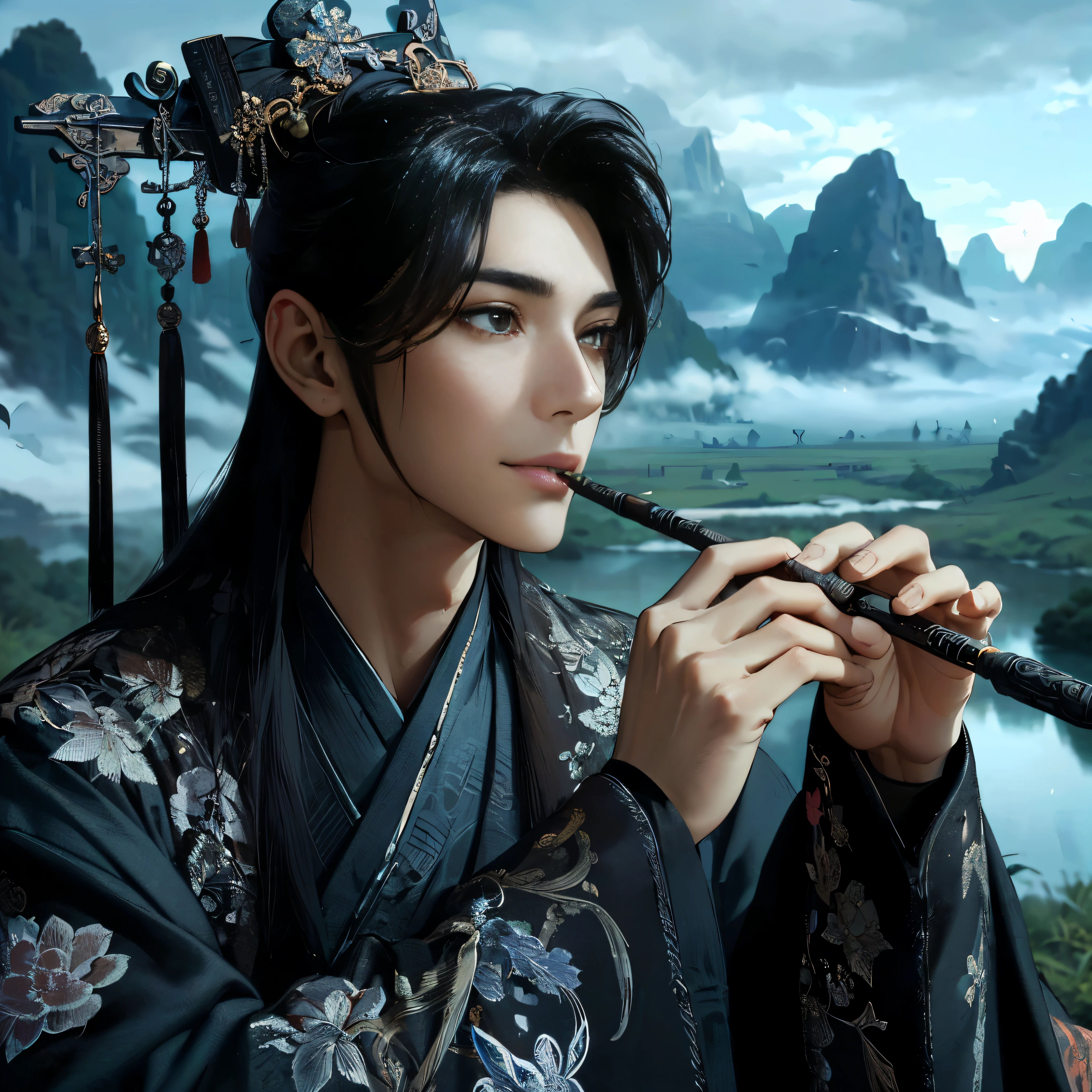 (Best Quality:1.2), (high resolution:1.2), (beautiful face and eye:1.2), (sharpest focus:1.2), (Ultra-realistic Photo:1.2), (Ultra-precise Photo:1.2), (Depth of field:1.2), (8k high resolution:1.2), (perfect anatomy:1.2), (nice hands:1.5),
(perfect hands:1.5), (Very young and masculine and dignified and beautiful Chinese male:1.5), (Beautiful nobleman:1.0), (A beautiful nobleman:1.0), (A shiny black hermit-like garment with fancy embroidery:1.0), (A gentle smile:1.3),
(Playing an iron flute:1.5), (A secluded hermit-like place deep in the mountains of China:1.0), (A mysterious fairyland:1.2), (Birds and animals gathered to listen to the sound of the flute:1.3), (Looking up angle:1.0),