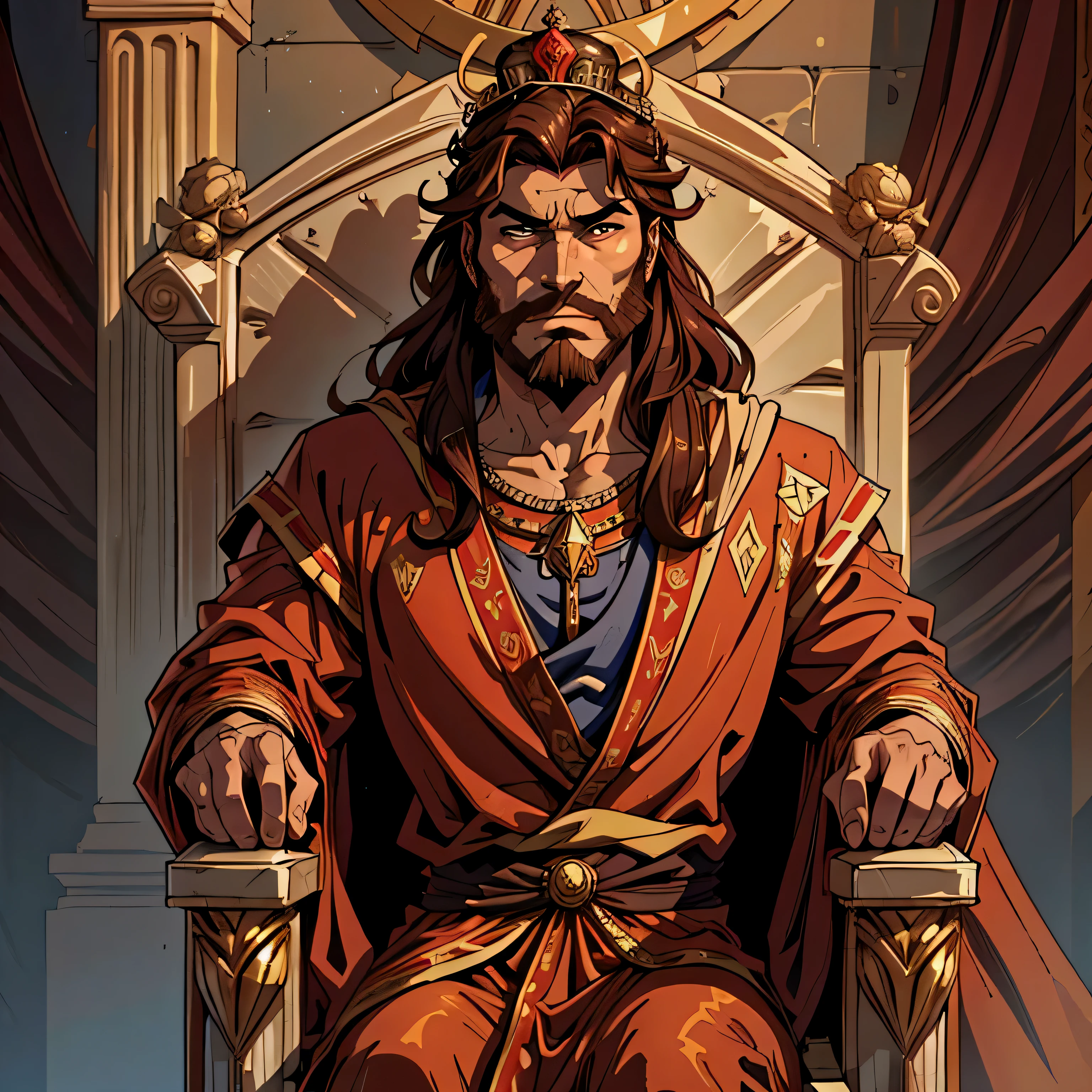 imagem de melhor qualidade, homem, rei, with long medium brown hair, com barba, olhar penetrante, serious expression, forte, sentado em um trono, with a crown on his head, em vestes reais, biblical style
