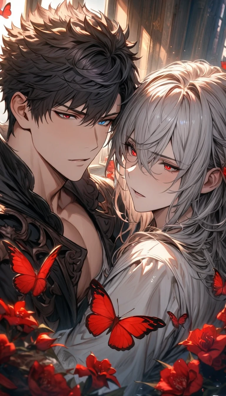 absurdres, highres, ultra detailed, HDR), masterpiece, Lucilius, white medium hair, hair between the eyes, white tunic, expressive blue eyes, Belial, black short hair, hair between the eyes, expressive red eyes, black clothes, 2men together, gay couple, handsome, granblue fantasy, red flowers, red butterflies, window