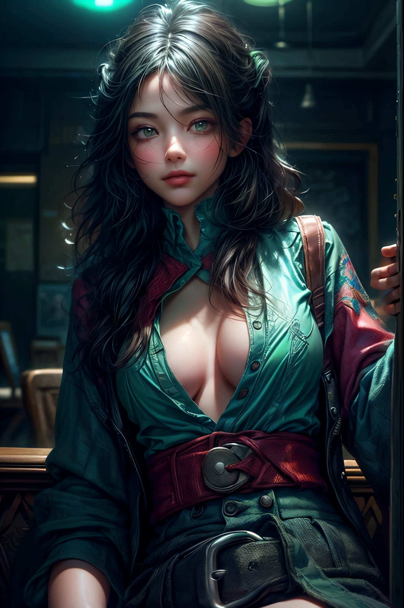 ((wide shot:1.6)), Unreal Engine:1.4, Ultra Realistic CG K, Photorealistic:1.4, Skin Texture:1.4, ((artwork 1 young woman full body:1.5)), ((black hair , green eyes, full lips and a sensual smile:1.5)), punk-style hairstyle with a shaved side:1.3, tattoos, Gatling gun, box, looking at viewer, dynamic pose, blows, ammunition belt, gloves, large breasts, Shooting, Extremely detailed:1.4, more detailed, optical mix, playful patterns, animated texture, unique visual effect, pink leather miniskirt, pink jacket, masterpiece, in the background an abandoned place with scrap metal, ((colors, cyan, green, pink, brown: 1.2)), ((8k realistic digital art.)), 32k