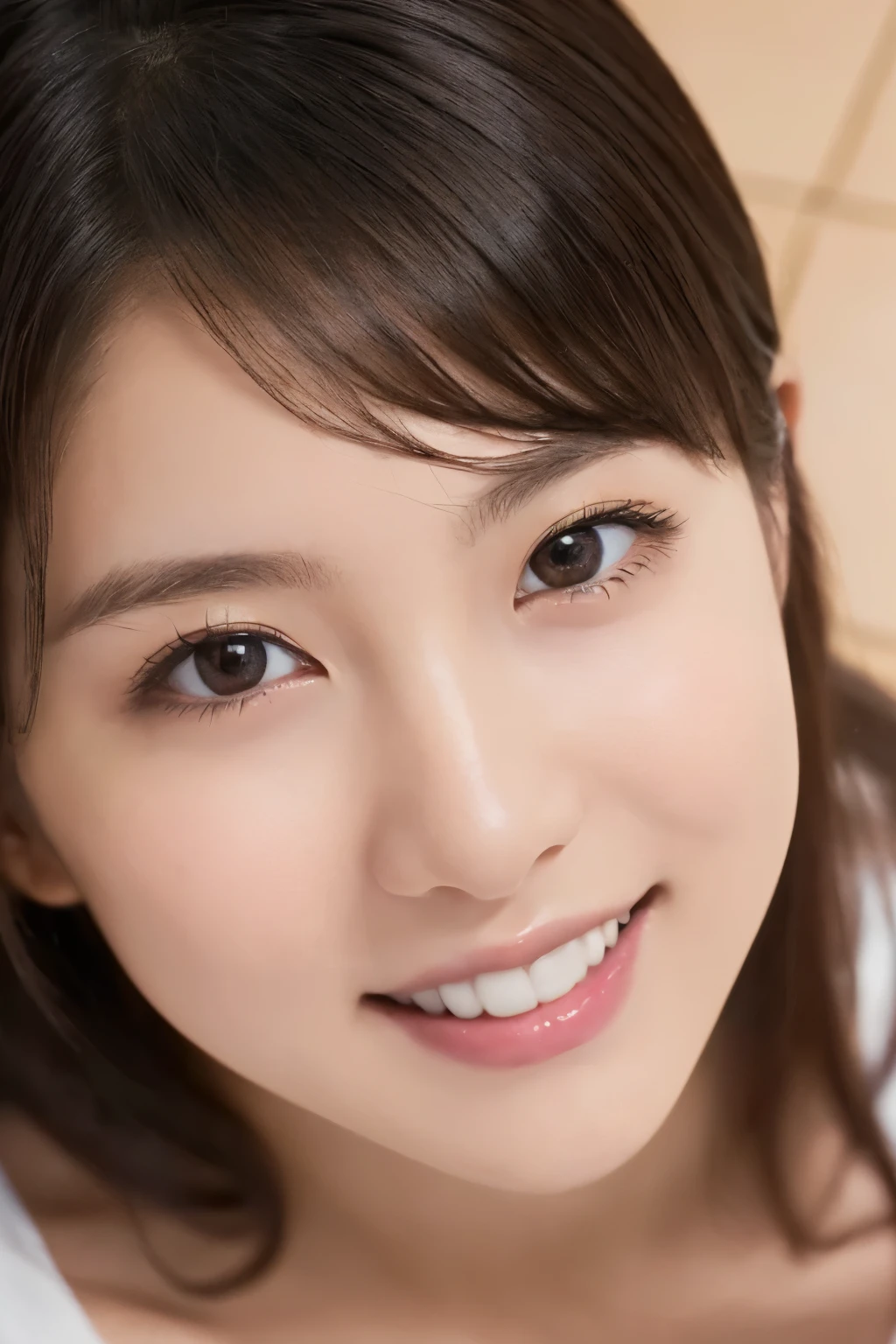 one girl,((best image quality:1.7))、((open your mouth:1.4))、((from above:1.5))、((looking up:1.5))、((sit on the floor:1.5))、((face focus:1.5))、beautiful girl, delicate girl:1.3), (:1.3),(smiling beautiful girl:1.2)、((very small flat chest:1.4))、break, (Bare skin、bra、transparent:1.2),break, very fine resolution, (symmetrical eyes:1.3),(braがtransparent:1.5)、break, (お風呂場でtransparentな小さい下着を着ているbeautiful girlスナップ:1.3), (braが透けてBare skinが見えている:1.4)、perfectly trimmed fingers,break, small breasts, brown eyes, parted bangs, brown hair,break, (Eye and face details:1.0),break, (masterpiece, highest quality, Super detailed, detailed face, 8K)