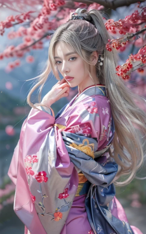 (Beautiful model appearing in Japanese clothing commercial, Beautiful long silver mesh hair swaying in the wind), (alone), ((face is 80% beauty and elegance, 20% pretty and cute:1.5)), (Her roots are in Eastern Europe and Asia), clear eyes, (fine eyes, light brown eyes, bright pupils), double eyelid, (Slightly thick and sexy lips:1.2), Super detailed and incredibly high resolution silver long Kimono, Highly detailed facial texture, impressive body shape, Curvaceous and very attractive woman, (The color of the long kimono is 95% pink and 5% lapis lazuli:1.5), High resolution RAW color photography professional photography, break ultra high-resolution textures, High resolution body rendering, Big eyes, an unparalleled masterpiece, incredible high resolution, Super detailed, stunning ceramic skin, break (Made with plenty of Rinpa silver.、琳派風のshiny redい振袖を着ています。.), (The main color is Rinpa&#39;shiny red.), (丁寧に作られた日本の古典的なshiny redい振袖), ((The embroidery pattern is a Japanese painting style of lapis lazuli birds, cloud, Mountain, river, and flowers)), (A lapis lazuli obi that matches this kimono), ((Delicate and elegant embroidery、shiny redい振袖)), (The background is sparkling silver diamond dust emitted from the moon，Cherry tree:1.5) break ((highest quality, 8K)), sharp focus:1.2, (layer cut, big:1.2), (beautiful woman with perfect figure:1.4), (Beautifully shaped breasts:1.3), thin waist, (correct hand shape:1.5), (full body shot | Rear view)