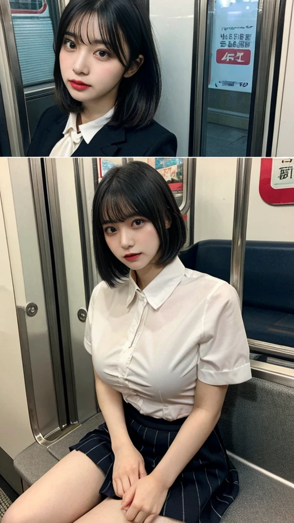 muste piece, best quality, illustration, Super detailed, fine details, High resolution, 8K,wall paper, perfect dynamic composition,(Details High quality, realistic depiction of eyes:1.3), (collared shirt:1.1), pleated skirt, big breasts, short bob hair、black hair color, Big Natural Color Lip, bold sexy pose, crying a little、cold gaze, Harajuku style、20 year old girl、cute type、ta、beautiful legs, on the train, gravure idol