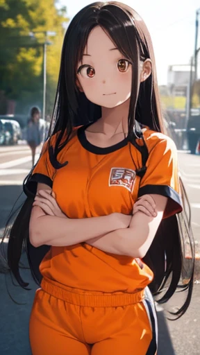 highest quality、realistic、Japanese、girl、whole body、look at the camera、cute、orange eyes、long hair、black hair、all back、Forehead is coming out、playground、Jersey、Gym suit、arms folded、Standing in honor