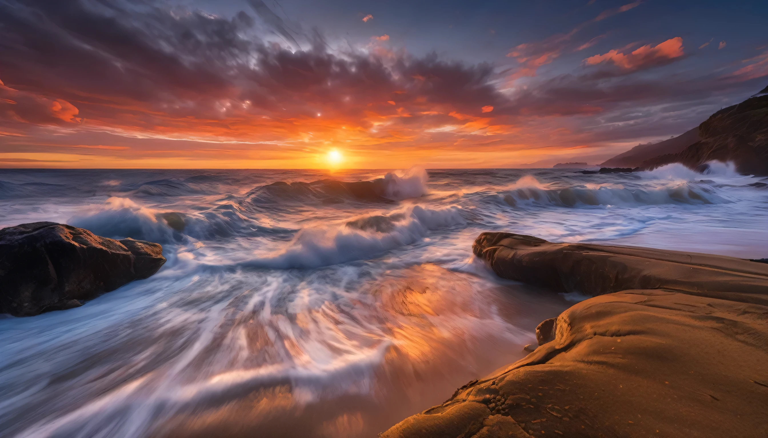 arafed view of a sunset over the ocean with waves crashing, chaotic sea setting, vibrant sunrise, breathtaking colors, breathtaking look, vibrant sunset, breathtaking composition, beautiful sea landscapes, stunning sunset, magnificent background, sunset glow, beautiful background, beautiful dreamy breathtaking, marc adamus, warm beautiful scene, epic sunset, beautiful sunset, beautiful sunset glow, beautiful ocean