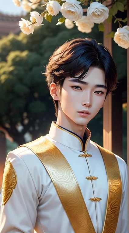 real handsome guys,Delicate and realistic facial,20 year old man,zhanglingher supper star of chinese,short hair,neat face,South Korea Men,handsome face,dress in ancient white and gold chinese monarchy cloths.zhang lin her.