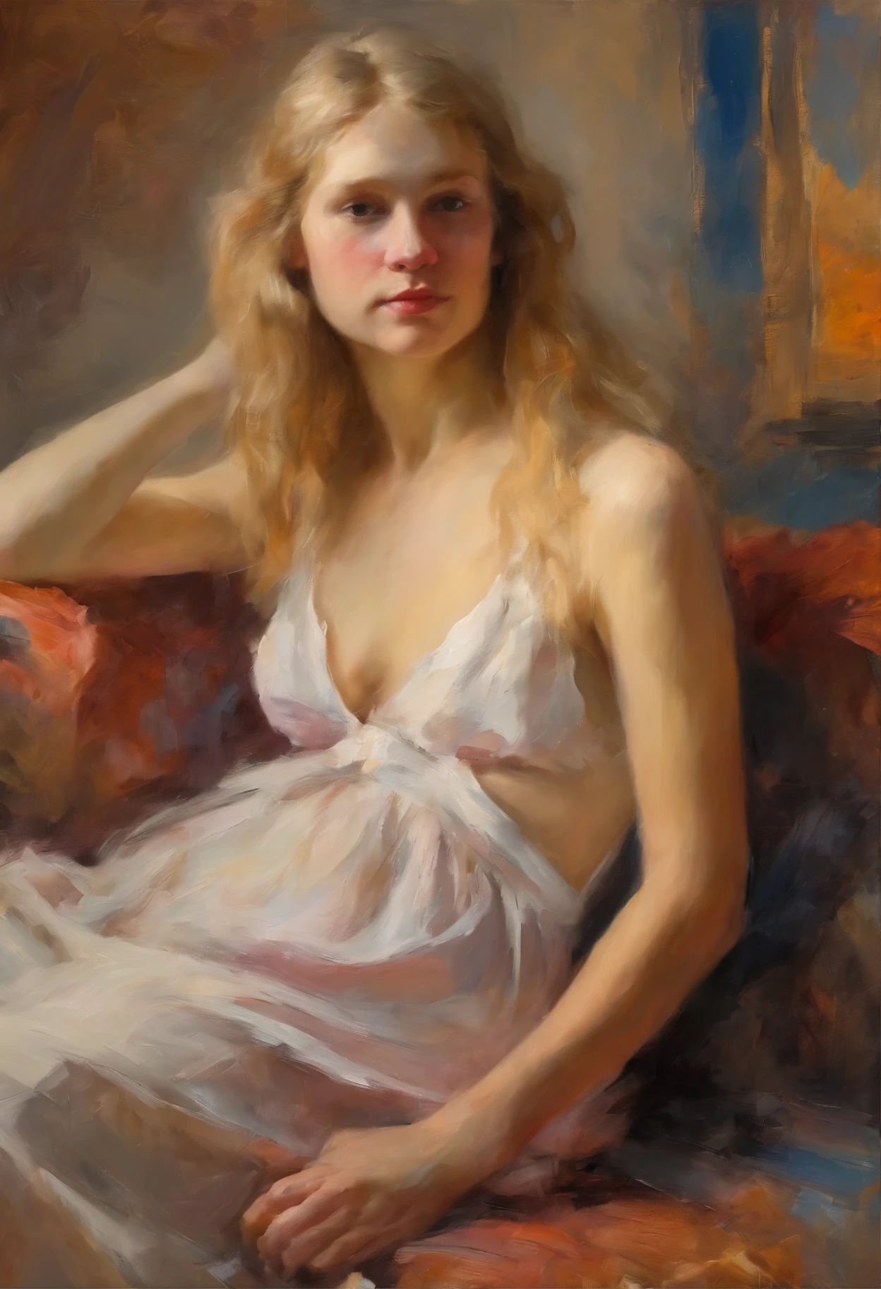 -yeld Frh blonde in a nightgown lying like a naked maja