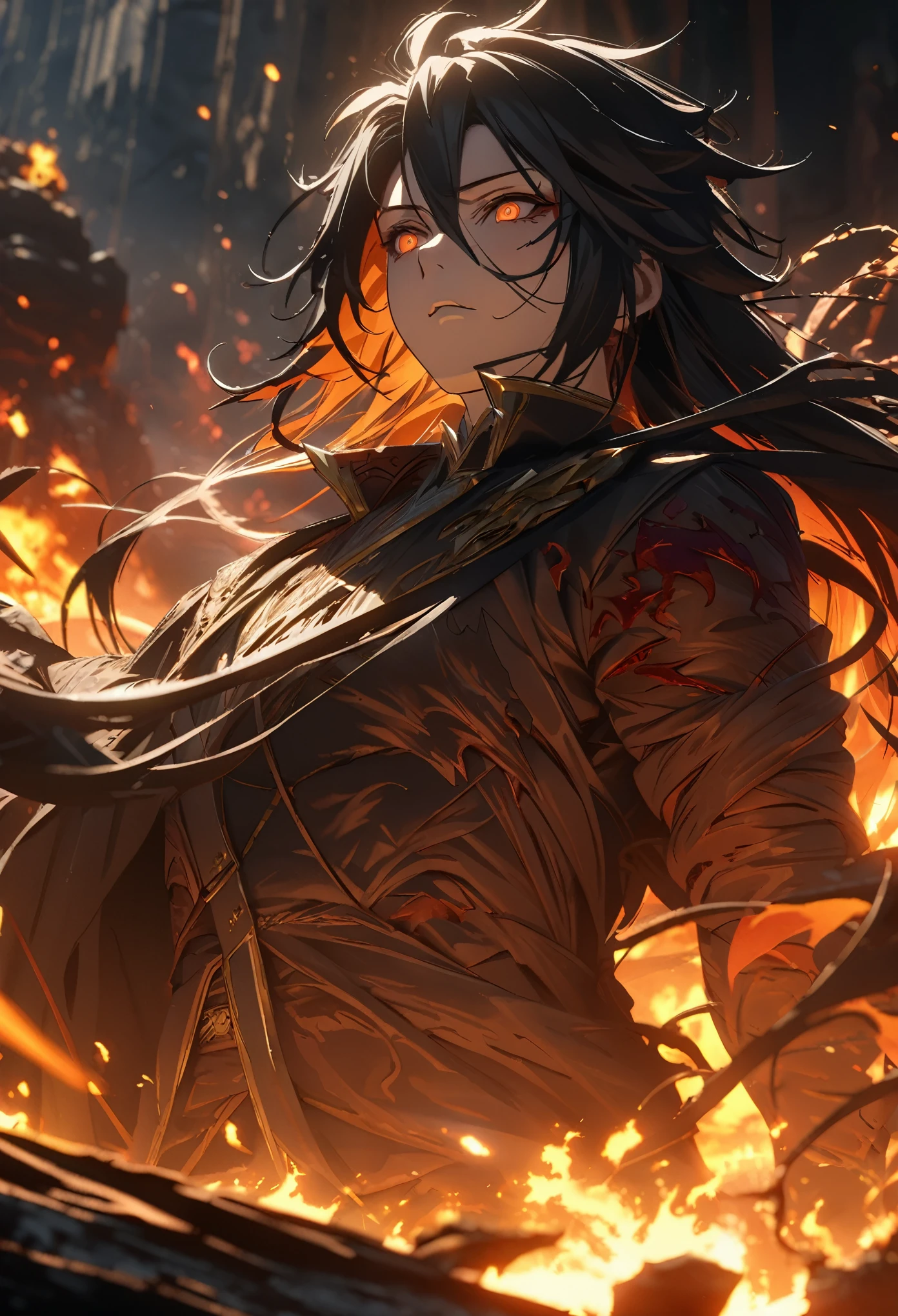 ((solo)), (man), dark orange eyes, black hair, very long hair, messy hair, dark orange colored inner hair, a close up of a person with a sword in a desolate land surrounded by demons and monsters, a burning battlefield, ((body breaking apart, body unraveling, body consumed by flames)), epic, detailed key anime art, , casimir art, masamune shiro, masamune, handsome guy in demon slayer art, , heise jinyao, shadowverse style, (no logos), DOOM hell, black powers, red infernal scenery, detailed clothes, eye reflection, depth of field, cinematic lighting, ray tracing, depth of field, cinematic lighting, ray tracing, UHD, high details, best quality, highres, high quality, award winning, super detail, masterpiece, 8k, UHD, high details, best quality, highres, high quality, award winning, super detail, masterpiece, 8k, digital art, anime coloring
