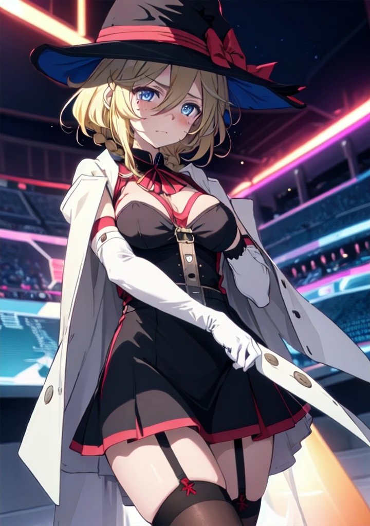 Carol Gear, 1 girl, blonde hair, gloves, hat, side cutout, mole under eye, elbow gloves, sideless outfit, blue eyes, thighhighs, skirt, short hair, garter straps, aged up, witch hat, long hair, large breasts, braid, black thighhighs, braided ponytailお尻, blue eyes, blush, Braid, Braided ponytail, closed mouth, clothing clippings, electricity, garter strap, have, long hair, looking at the viewer, microskirt, mole, mole under eye, rib, shiny skin, side cutout, Sideless outfit, skirt, alone, thighhighsscore_9, score_8_superior, score_7_superior, score_6_superior, score_5_superior, score_4_superior, Break Source_anime, masterpiece