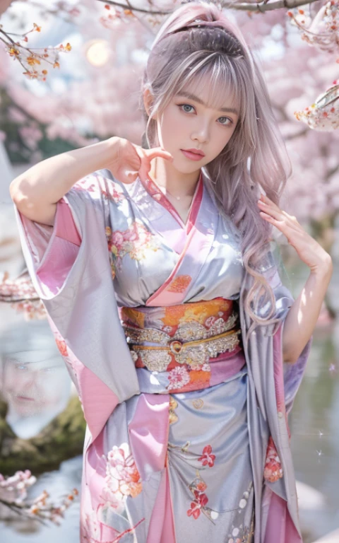 (Beautiful model appearing in Japanese clothing commercial, Beautiful long silver mesh hair swaying in the wind), (alone), ((face is 80% beauty and elegance, 20% pretty and cute:1.5)), (Her roots are in Eastern Europe and Asia), clear eyes, (fine eyes, light brown eyes, bright pupils), double eyelid, (Slightly thick and sexy lips:1.2), Super detailed and incredibly high resolution silver long Kimono, Highly detailed facial texture, impressive body shape, Curvaceous and very attractive woman, (The color of the long kimono is 95% pink and 5% lapis lazuli:1.5), High resolution RAW color photography professional photography, break ultra high-resolution textures, High resolution body rendering, Big eyes, an unparalleled masterpiece, incredible high resolution, Super detailed, stunning ceramic skin, break (Made with plenty of Rinpa silver.、琳派風のshiny redい振袖を着ています。.), (The main color is Rinpa'shiny red.), (丁寧に作られた日本の古典的なshiny redい振袖), ((The embroidery pattern is a Japanese painting style of lapis lazuli birds, cloud, Mountain, river, and flowers)), (A lapis lazuli obi that matches this kimono), ((Delicate and elegant embroidery、shiny redい振袖)), (The background is sparkling silver diamond dust emitted from the moon,Cherry tree:1.5) break ((highest quality, 8K)), sharp focus:1.2, (layer cut, big:1.2), (beautiful woman with perfect figure:1.4), (Beautifully shaped breasts:1.3), thin waist, (correct hand shape:1.5), (full body shot | Rear view)