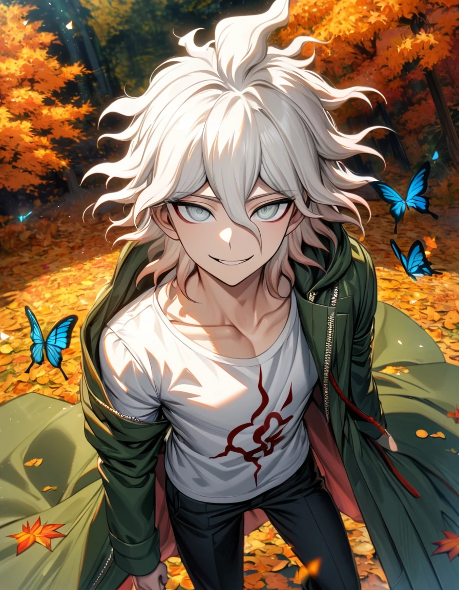 Ultra detailed, highres, absurdres, HDR, Komaeda Nagito, white hair, silver eyes, Danganronpa 2, green long coat, 1 man only, handsome, white t-shirt, autumn, black pants, flowers and petals, orange leaves, butterflies, smirking,