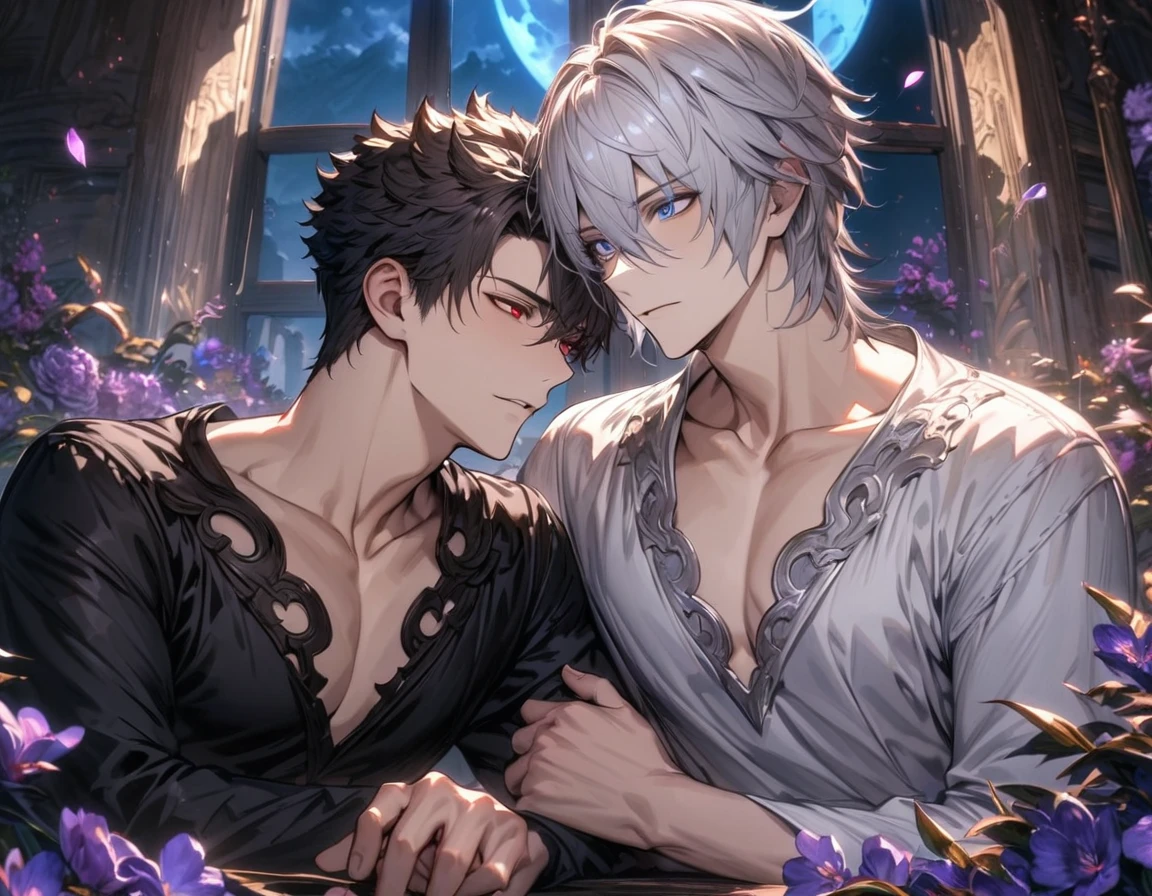 absurdres, highres, ultra detailed, HDR), masterpiece, Lucilius, white hair with bangs, white tunic, expressive blue eyes, Belial, black short hair, hair between the eyes, expressive red eyes, black clothes, 2men together, gay couple, handsome, granblue fantasy, purple flowers, purple petals, moon, window