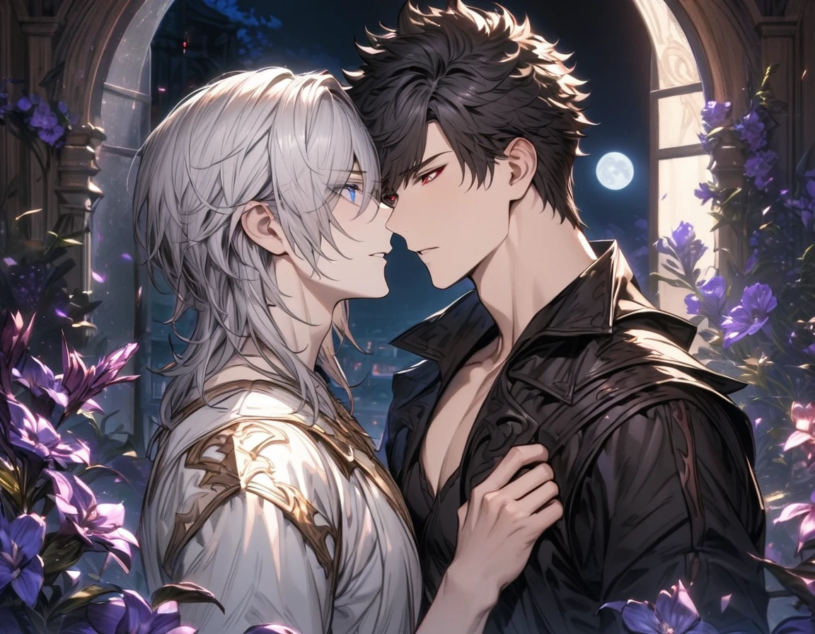 absurdres, highres, ultra detailed, HDR), masterpiece, Lucilius, white hair with bangs, white tunic, expressive blue eyes, Belial, black short hair, hair between the eyes, expressive red eyes, black clothes, 2men together, gay couple, handsome, granblue fantasy, purple flowers, purple petals, moon, window