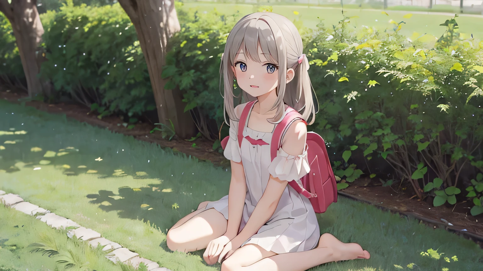 masterpiece, highest quality, High resolution, very detailed, detailed background, cinematic lighting, ２girl,11 years old, looking at the viewer, barefoot, dress, sitting, short sleeve, looking at the viewer, Grass, long hair, smile, gray hair, plump sleeves, outdoor, puffy short sleeve, bangs, full body, wearing pink Randoseru Backpack, (Randoseru Backpack:1.0), white dress, Day light, brown eyes, dappled Day light, Day,wet,clothes are transparent、