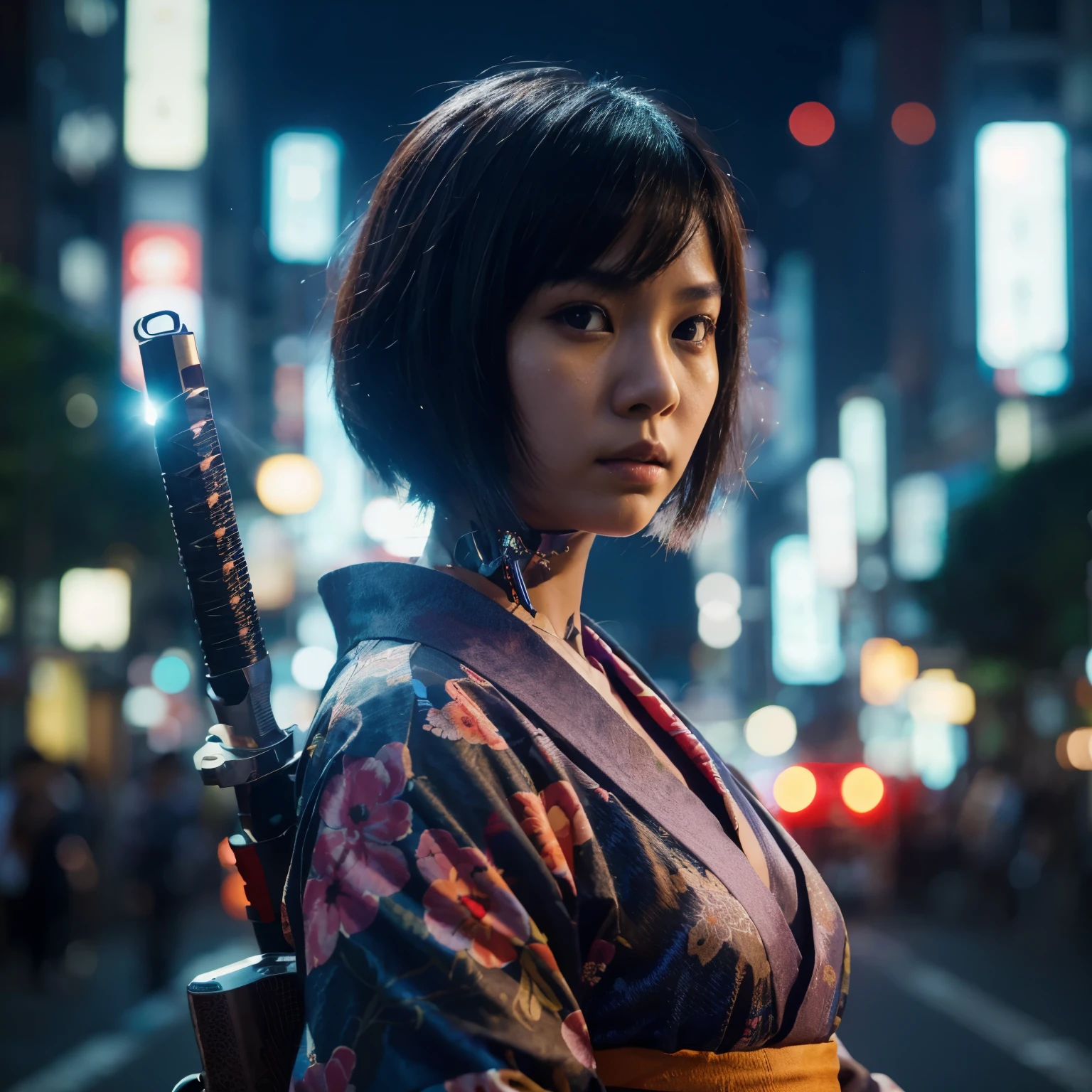 full shoot photography. cyberpunk style. an Indonesian woman with a round face, short hair, 20 years old, flat face, wearing a kimono, carrying a sword. Japanese night background. hyperrealistic photography, RAW, cinematic lighting, sharp focus.