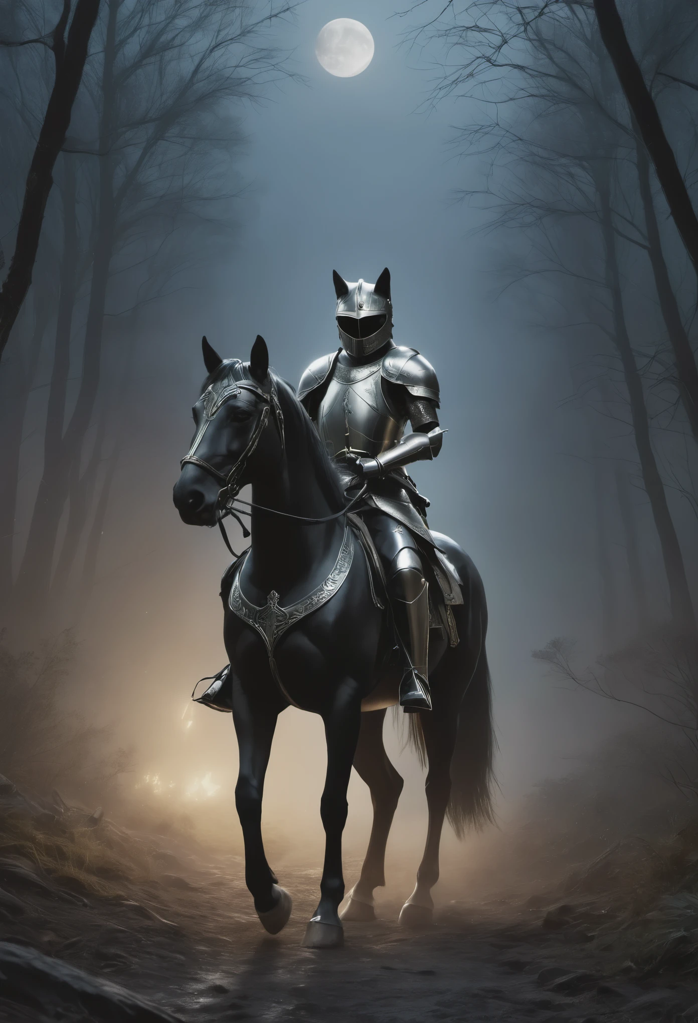 High resolution, high quality, masterpiece.Anthropomorphic cat Wearing the armor of a knight, riding a horse, black style, Wearing the armor of a knight, riding a horse.Holding a long sword, dark forest, The moon in the sky, fog, the eyes of ghosts sparkle in fog., Movietic light, many details, actual, 4K, Movie, epic, Armor highlights, Neon atmosphere, abstract black oil, Gear Machinery, Detailed acrylic, Rubbish, Complexity, Rendered in Unreal Engine, photoactual Hyperdetalization. Surrealism. dramatic light.