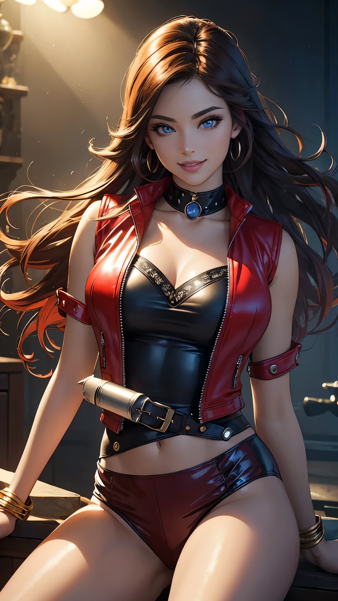 (best quality,ultra-detailed,photo-realistic:1.37),bright and vibrant colors,studio lighting,playful expression,stylish makeup, Red Leather Vest, hair flowing in the wind,alluring eyes,glossy lips,sexy pose, smiling in a confident and seductive way,posing for a professional photoshoot,shallow depth of field,highlighting the main subject,soft natural lighting,creating a dreamy and magical atmosphere.