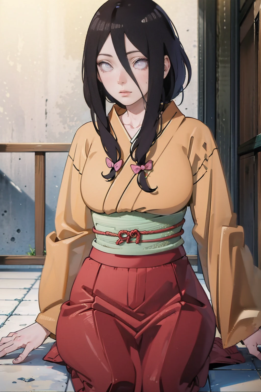 tmasterpiece， hoang lap ， （Complicated details）， （rich colourful）， movie lighting， bust， the Extremely Detailed CG Unity 8K Wallpapers ， Hinata flower ratio， 1girll， solo， orange kimono， Red hakama skirt， obi strip， Wide sleeves， looking at viewert， ventania， Combat posture， Low hair tied long，dinamic poses, lilac eyes, sitting oh the floor