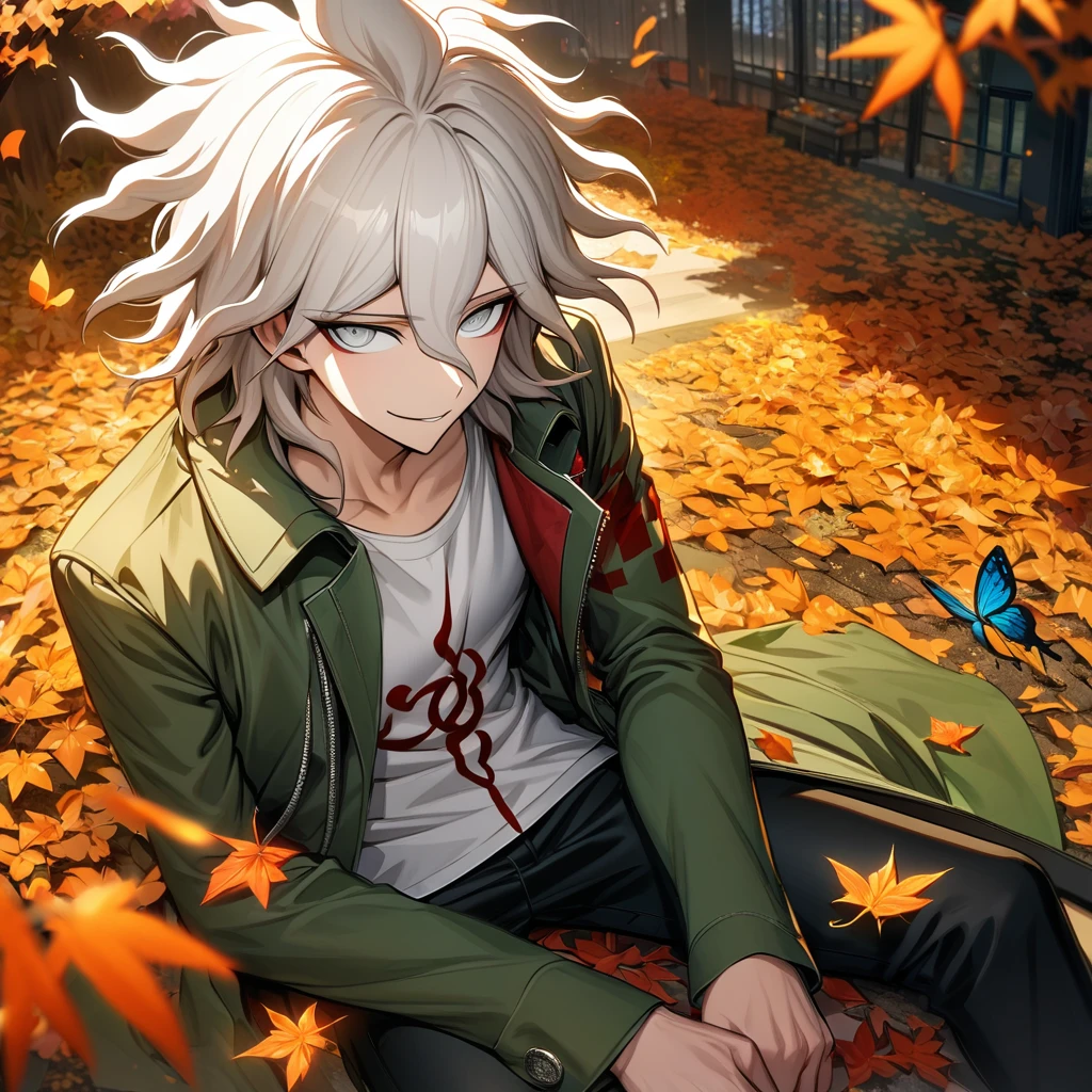 Ultra detailed, highres, absurdres, HDR, Komaeda Nagito, white hair, silver eyes, Danganronpa 2, green long coat, 1 man only, handsome, white t-shirt, autumn, black pants, flowers and petals, orange leaves, butterflies, smirking,