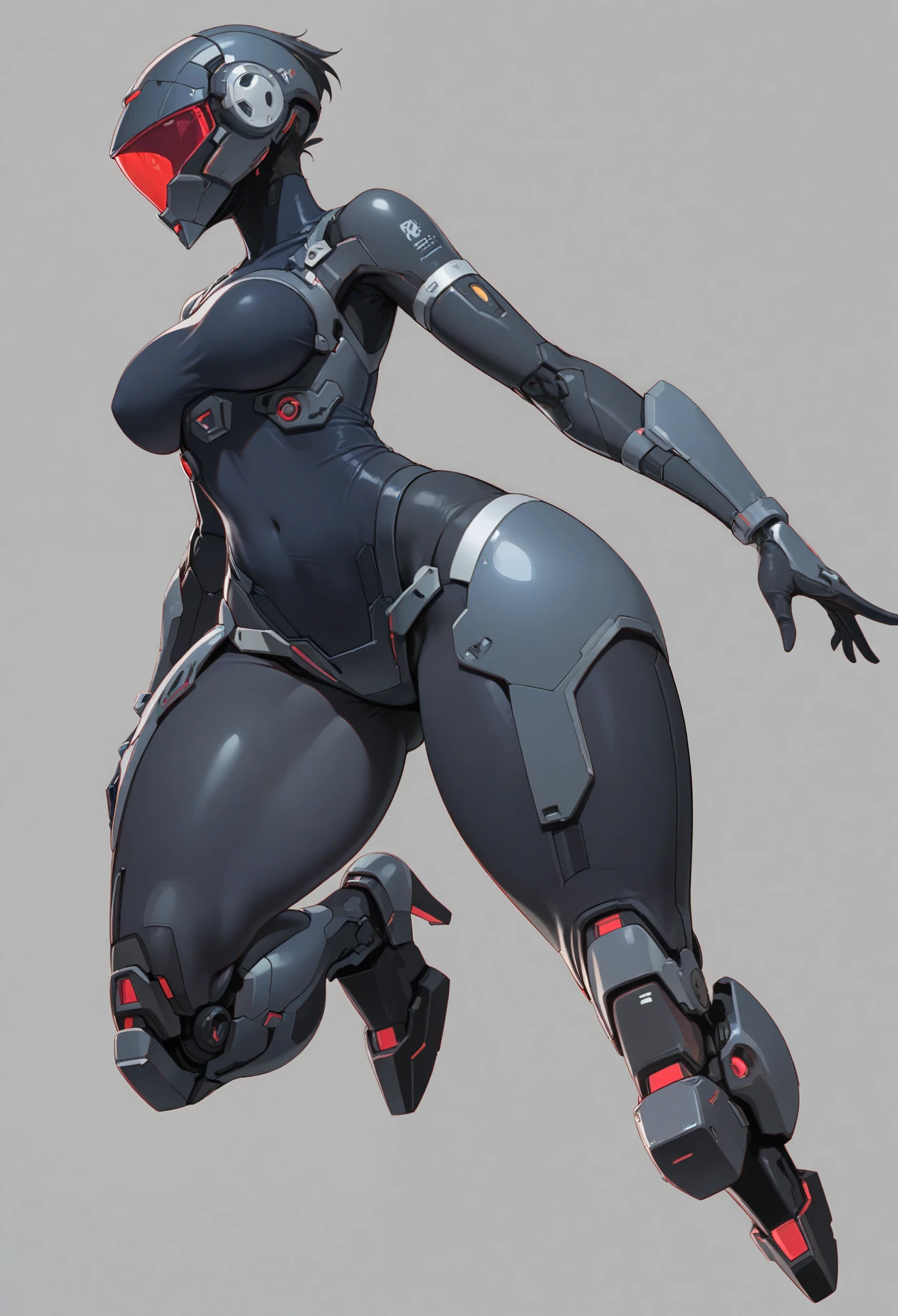 best quality, (ultra high res), 1girl, faceless, wide hips, narrow waist, covered nipples, solo, cyborgirl, cowboy shot, spaceship, chubby female, thick body, round butt, navel, (wearing cyber bodysuit, cyber Helmet, detailed visor), covered body, full body portrait, high heels, stand on tiptoes, standing with legs apart, (simple gray background), cyber heels, ((dynamic pose)), ((fullbody view)), (cinematic lighting)@waifuista