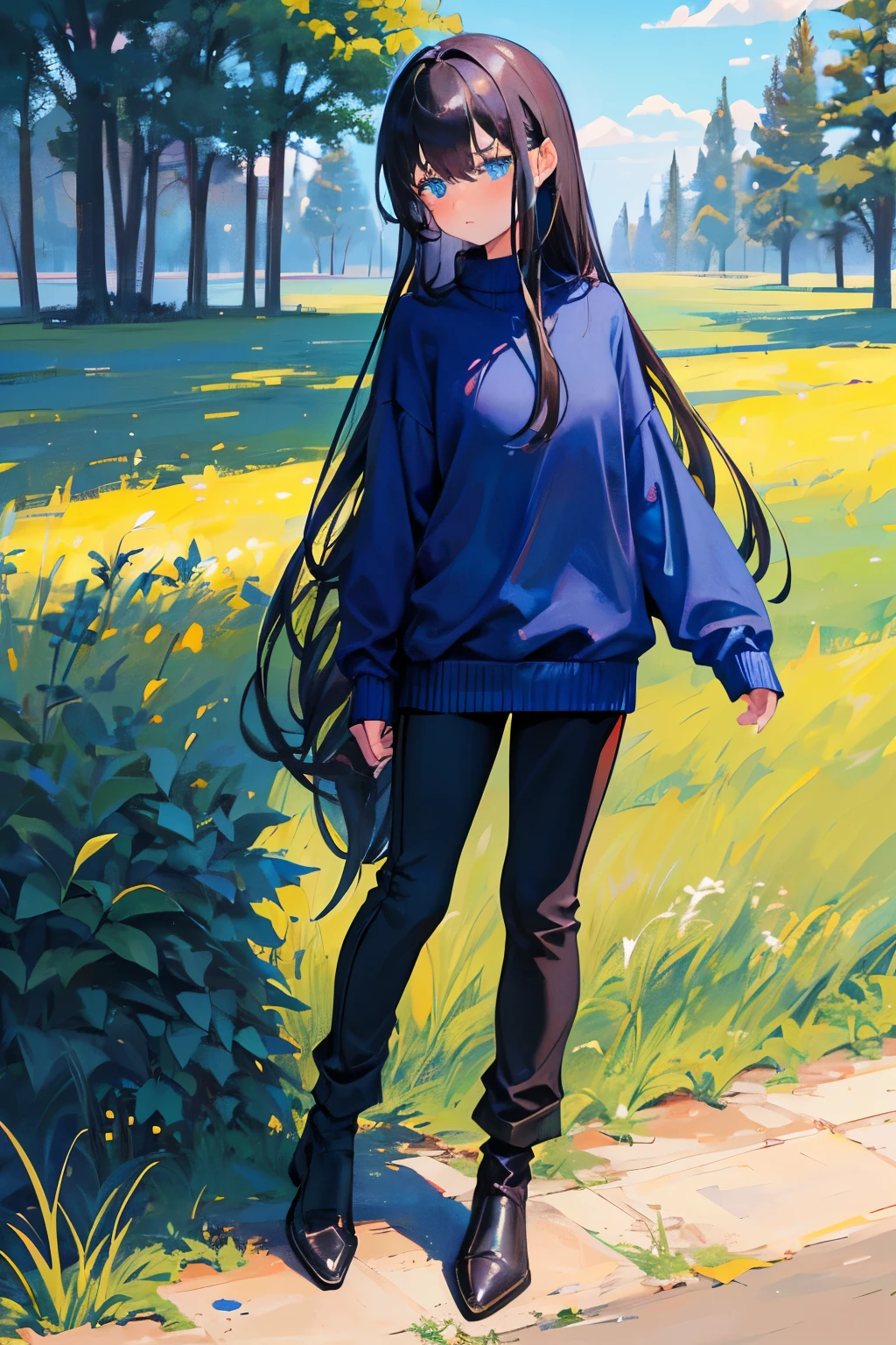 1girl, Black straight long hair, blue eyes, (Detailed face), Full body, ((intense Blue sweater)), medieval, (Grasslands bakcground), masterpiece, black pants, (cute face), (blush), nervous expresion