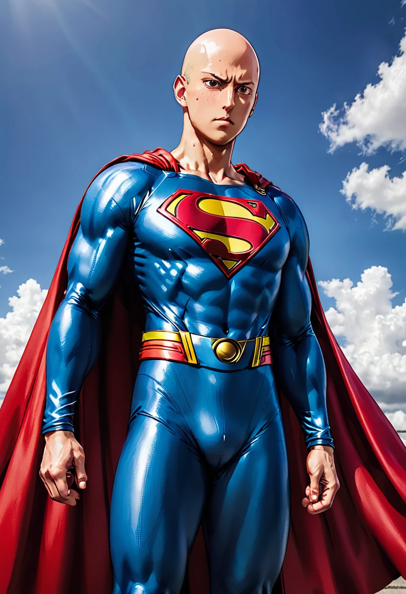 saitama, one punch man, vestido con traje de superman. viste traje de superman