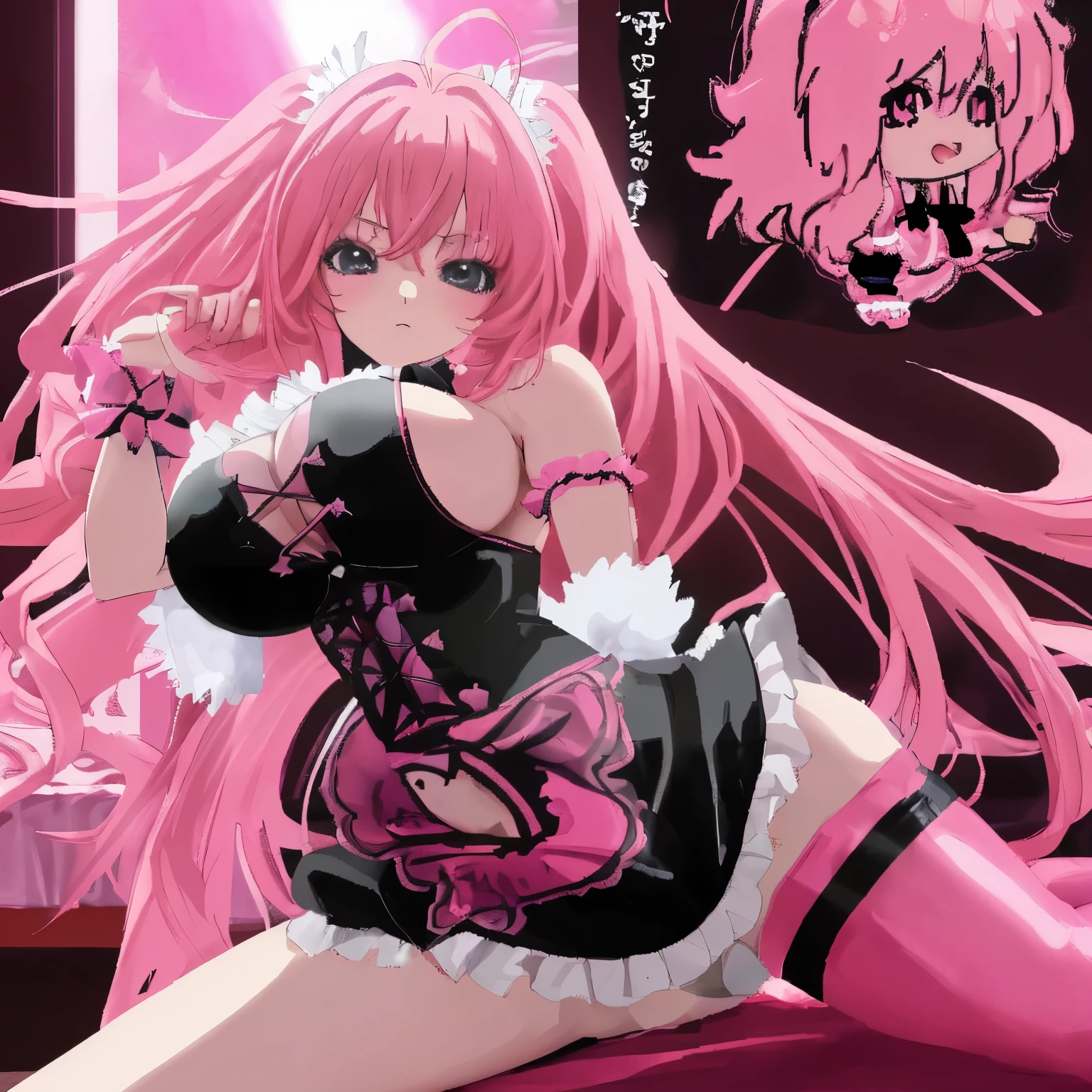 Anime girl has a stripper outfit has pink long hair with big breasts right next to a bed