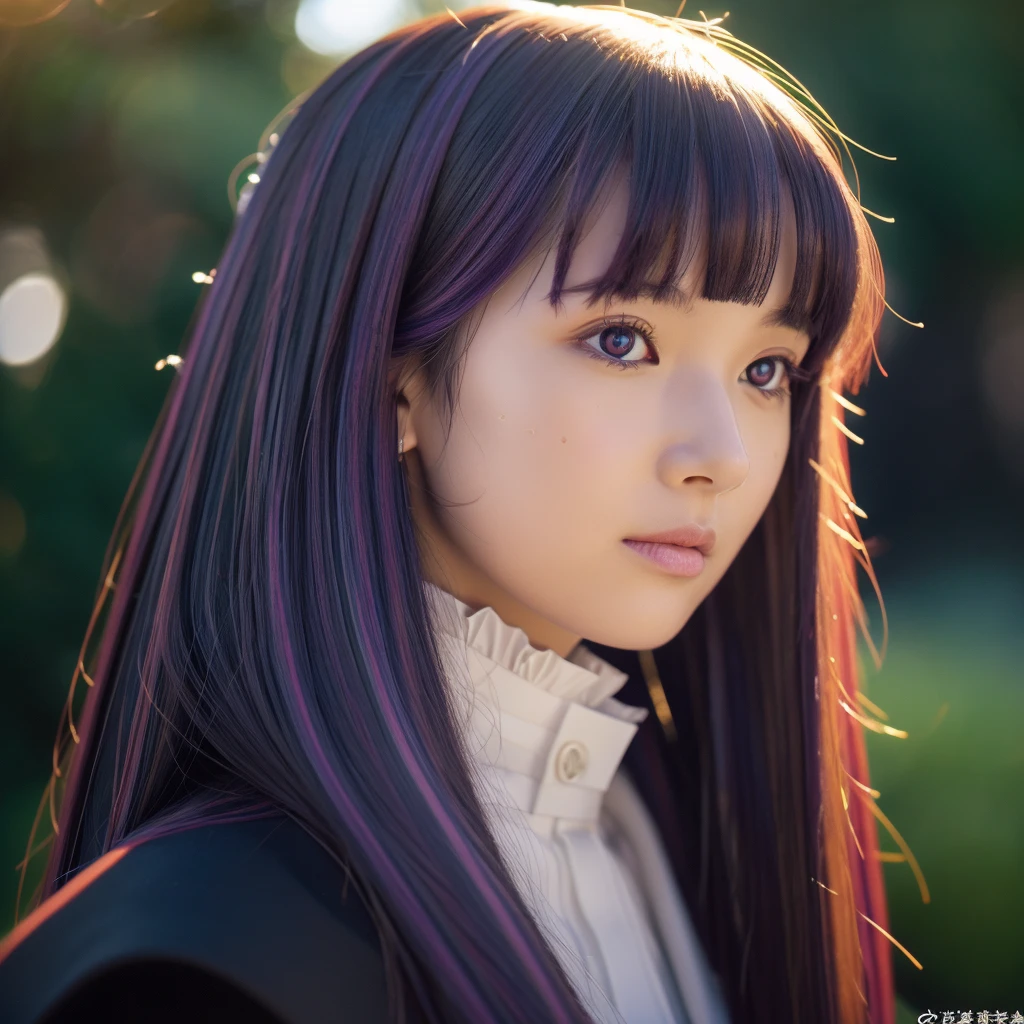 は²ä¸¸,1 girl,alone,purple hair,long hair,purple eyes,dull bangs,side lock,half up hair,bright瞳孔, hair ornaments,Ruffled collar,black robe,white dress,center ruffle,button,wide sleeve,long sleeve,crooked,cowboy shot,, exquisite visuals, High resolution,masterpiece,Highest quality,, 20 years,young woman,beautiful指,beautiful長い脚,beautiful体,beautiful鼻,beautifulキャラクターデザイン, perfect eyes, perfect face,expressive eyes, looking at the viewer, official art,Highly detailed CG Unity 8K wallpaper, perfect lighting,colorful, bright_front_face_lit,shiny skin, (masterpiece:1.0),(Highest_quality:1.0), 超High resolution,4k,Super detailed, photo shoot, 8K, HDR, High resolution, disorganized:1.2, kodak portrait 400, film grain, blurred background, Bokeh:1.2, Lens flare, (lively_color:1.2), (beautiful_face:1.5),(narrow_waist), ,NSFW,