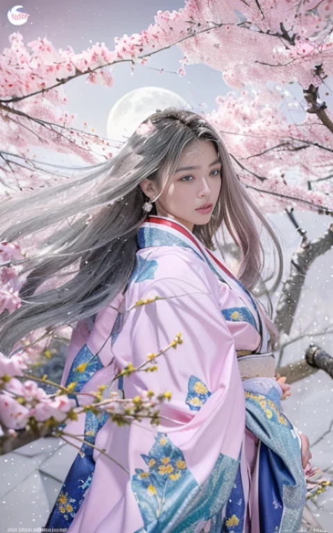 (Beautiful model appearing in Japanese clothing commercial, Beautiful long silver mesh hair swaying in the wind), (alone), ((face is 80% beauty and elegance, 20% pretty and cute:1.5)), (Her roots are in Eastern Europe and Asia), clear eyes, (fine eyes, light brown eyes, bright pupils), double eyelid, (Slightly thick and sexy lips:1.2), Super detailed and incredibly high resolution silver long Kimono, Highly detailed facial texture, impressive body shape, Curvaceous and very attractive woman, (The color of the long kimono is 95% pink and 5% lapis lazuli:1.5), High resolution RAW color photography professional photography, break ultra high-resolution textures, High resolution body rendering, Big eyes, an unparalleled masterpiece, incredible high resolution, Super detailed, stunning ceramic skin, break (Made with plenty of Rinpa silver.、琳派風のshiny redい振袖を着ています。.), (The main color is Rinpa'shiny red.), (丁寧に作られた日本の古典的なshiny redい振袖), ((The embroidery pattern is a Japanese painting style of lapis lazuli birds, cloud, Mountain, river, and flowers)), (A lapis lazuli obi that matches this kimono), ((Delicate and elegant embroidery、shiny redい振袖)), (The background is sparkling silver diamond dust emitted from the moon,Cherry tree:1.5) break ((highest quality, 8K)), sharp focus:1.2, (layer cut, big:1.2), (beautiful woman with perfect figure:1.4), (Beautifully shaped breasts:1.3), thin waist, (correct hand shape:1.5), (full body shot | Rear view)