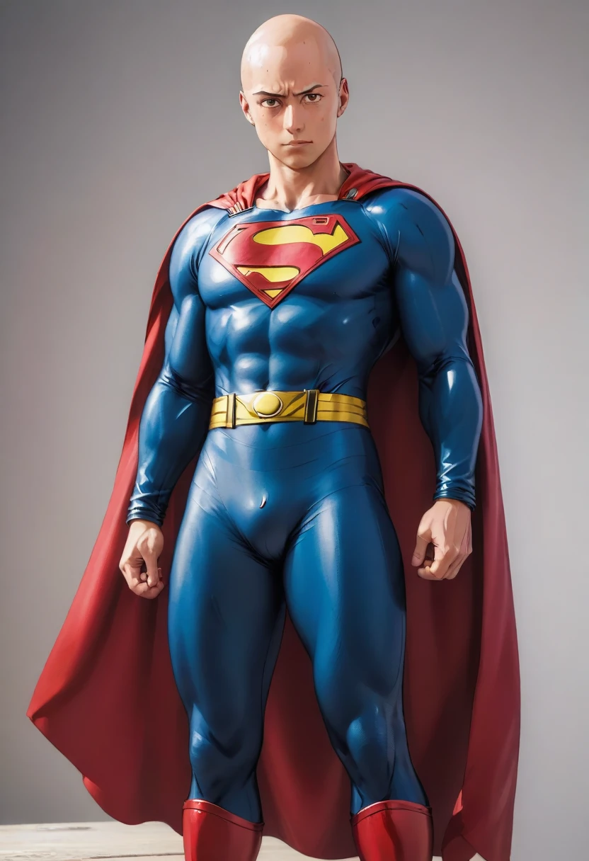 saitama, one punch man, vestido con traje de superman. viste traje de superman