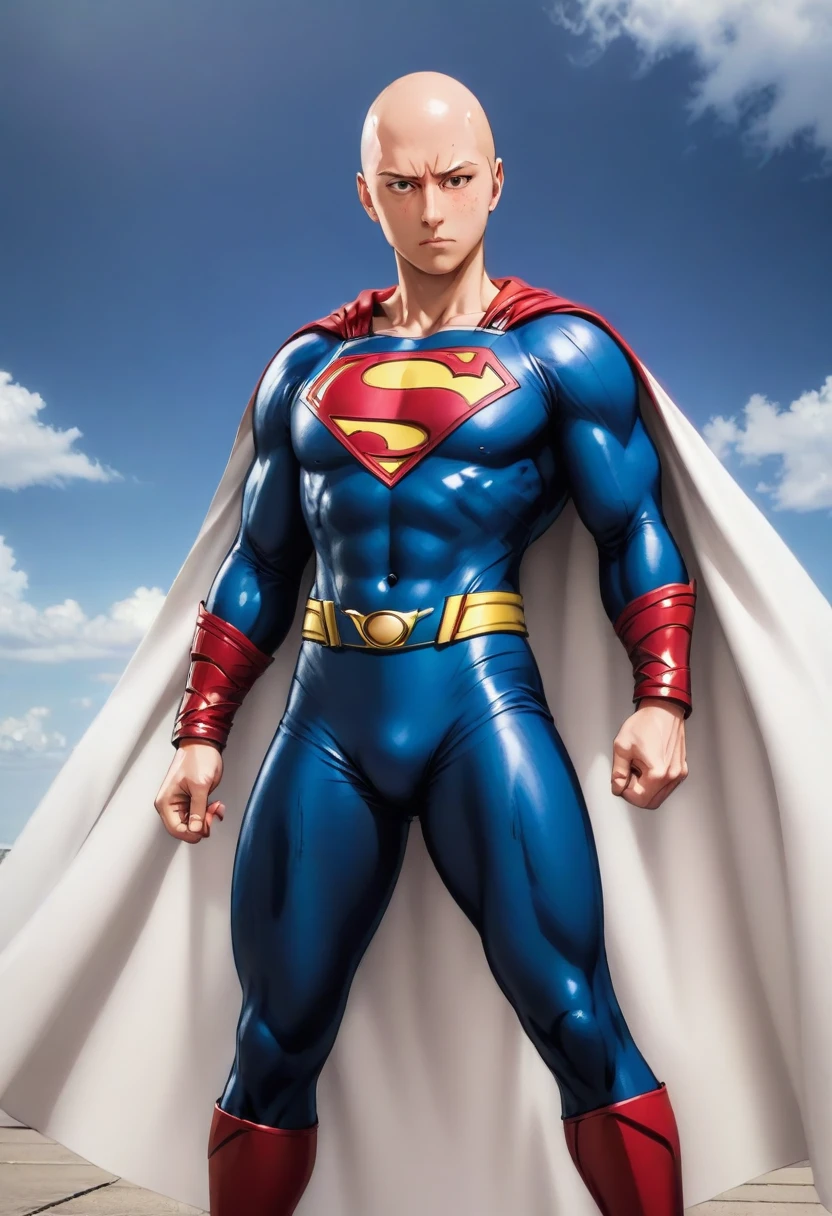 saitama, one punch man, vestido con traje de superman. viste traje de superman