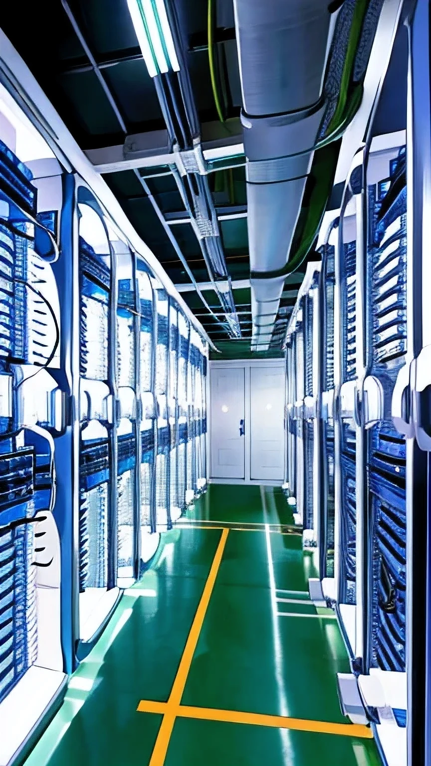 highest quality, straight line, server room， high tech， Lots of servers， wiring, IT industry