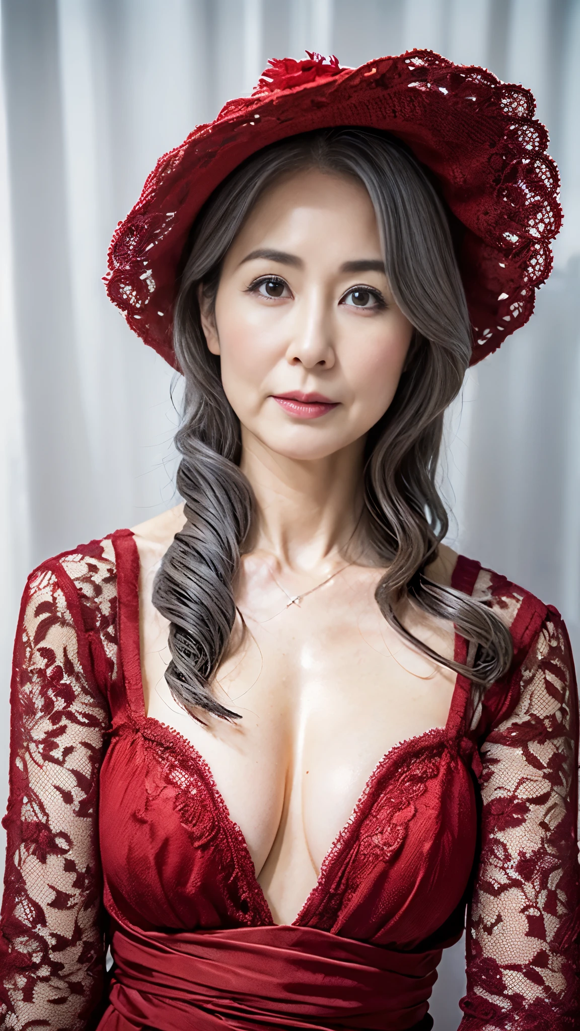 remove background, gravure, describe the lips correctly, red lipstick, from the chest up, (gray hair), Older AV actresses, highest quality, Super detailed, realistic, super dense skin, Perfect depiction of the human body, (1 Japanese mature woman), (erotic), 120 years old, big breasts, Bewitching, Glamour, sexy, pure white skin, looking at the viewer,