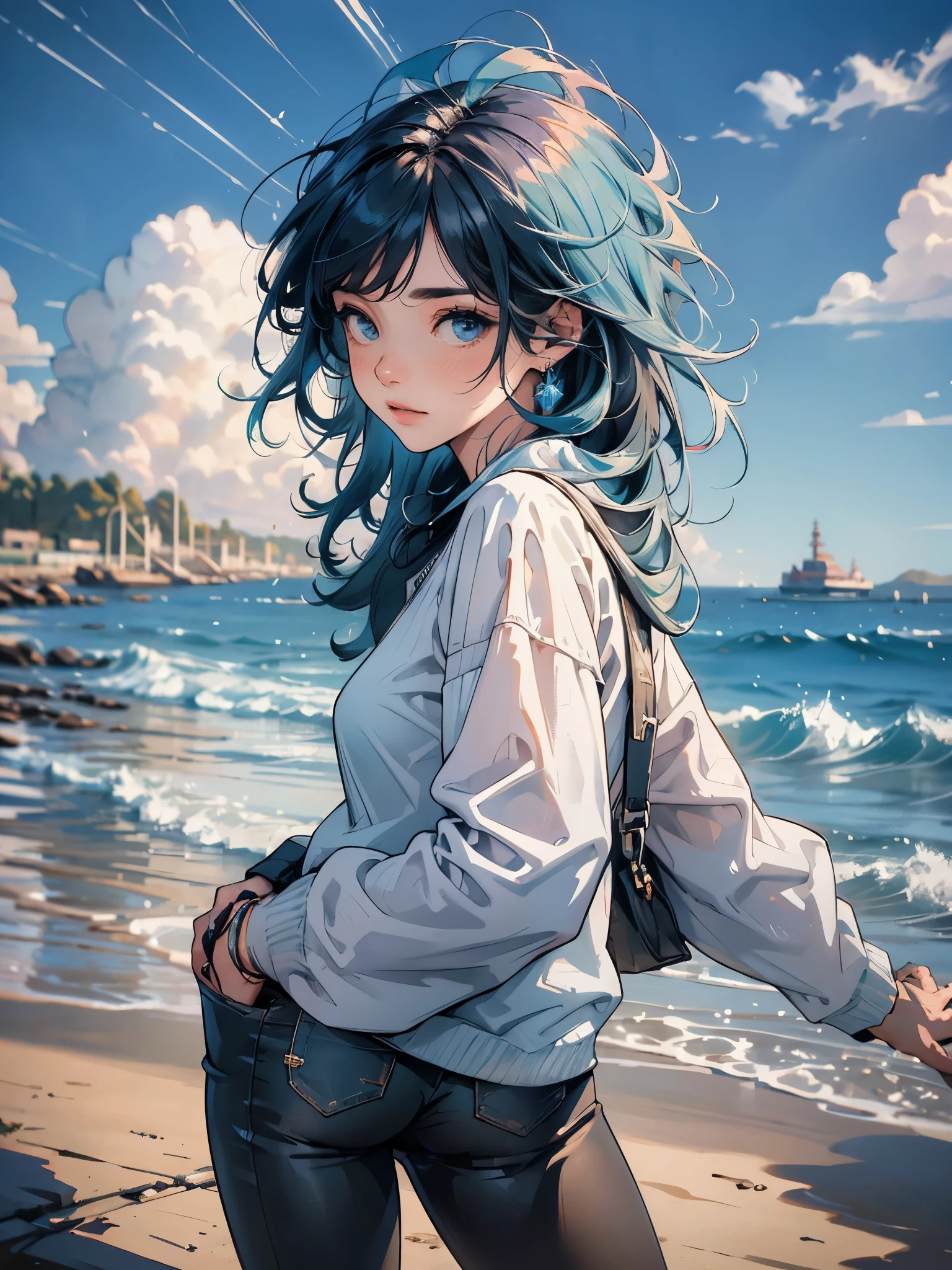 8k, 1 garota, cor alta, Maravilhoso, (arte fractal 1.8), Beicinho, juventude, cabelo azul, nas profundezas do mar, Maravilhoso, Dynamic, impacto visual, hands in pockets, (ondas na lente 1.5)