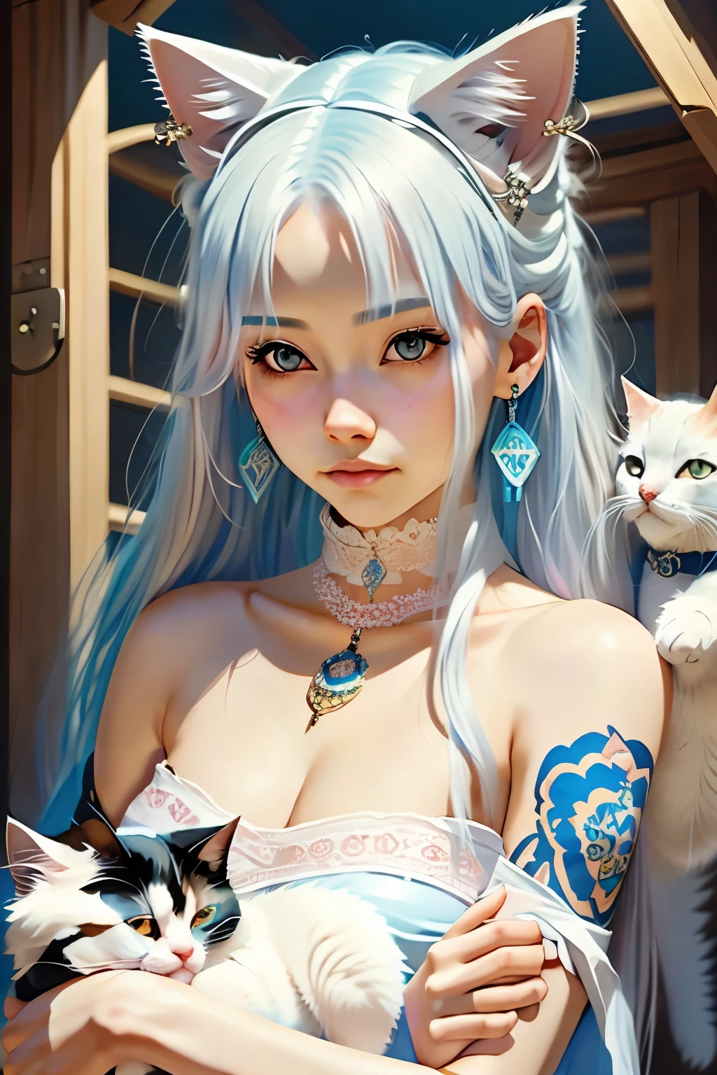 1girl, facing the camera, solo, long hair, strong slight smile, pink eyes, tattoos, blue jewelry, closed mouth, white hair, earrings, lace chocker,  lips, animal, she holds a white cat, looking up, portrait, freckles, on head, animal on head, cat on her head,