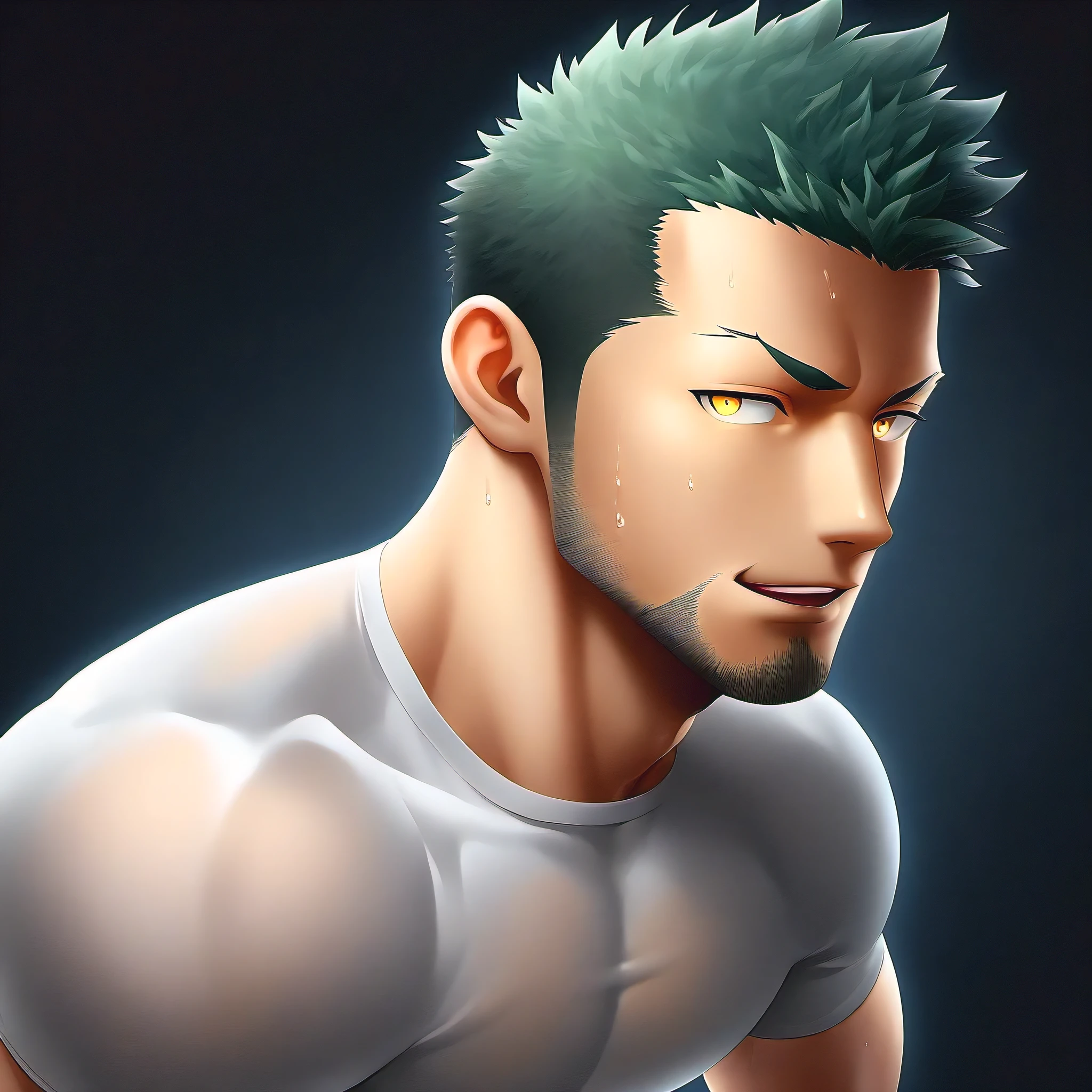 anime characters:priapus, 1 young muscular man, male focus, Sporty black headband, Off-white high collar tight T-shirt, Very sheer tights, Sweat soaked tights, muscular male, muscular, bara, Upper body, alone, white short hair, stubble, yellow eyes, blink, black background, Simple background, amazing quality, best aesthetics, ridiculous, bright pupils, short hair, naughty face, torogao, open lips, best quality