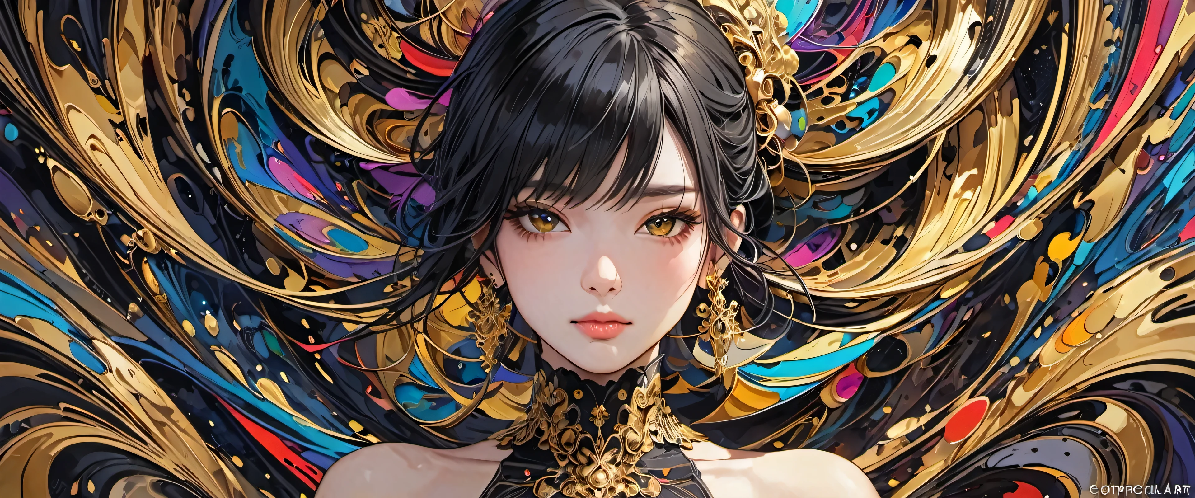 (masterpiece, top quality, best quality, official art, beautiful and aesthetic,(1girl,upper body:1.3),extreme detailed,(abstract art,colorful,highest detailed,black and gold,