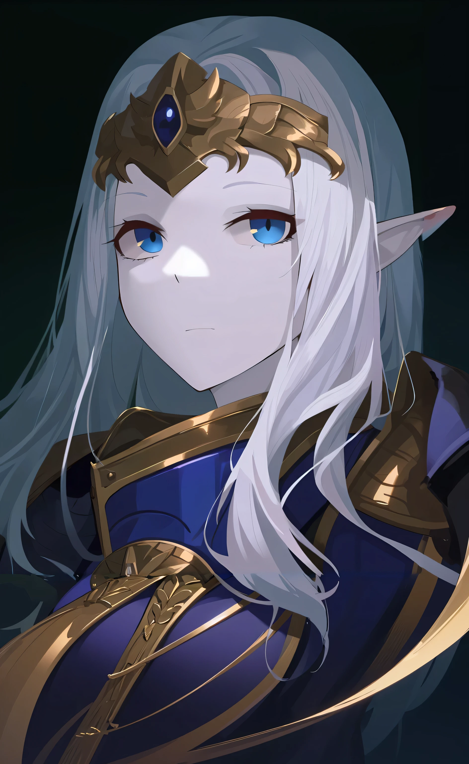 anime - style image of a woman with long white hair and blue eyes, portrait knights of zodiac girl, she has elf ears and gold eyes, portrait of an elf queen, elf princess knight, crisp clear rpg portrait, zerochan art, an elf queen, alluring elf princess knight, portrait of female paladin, detailed digital anime art, elf knight