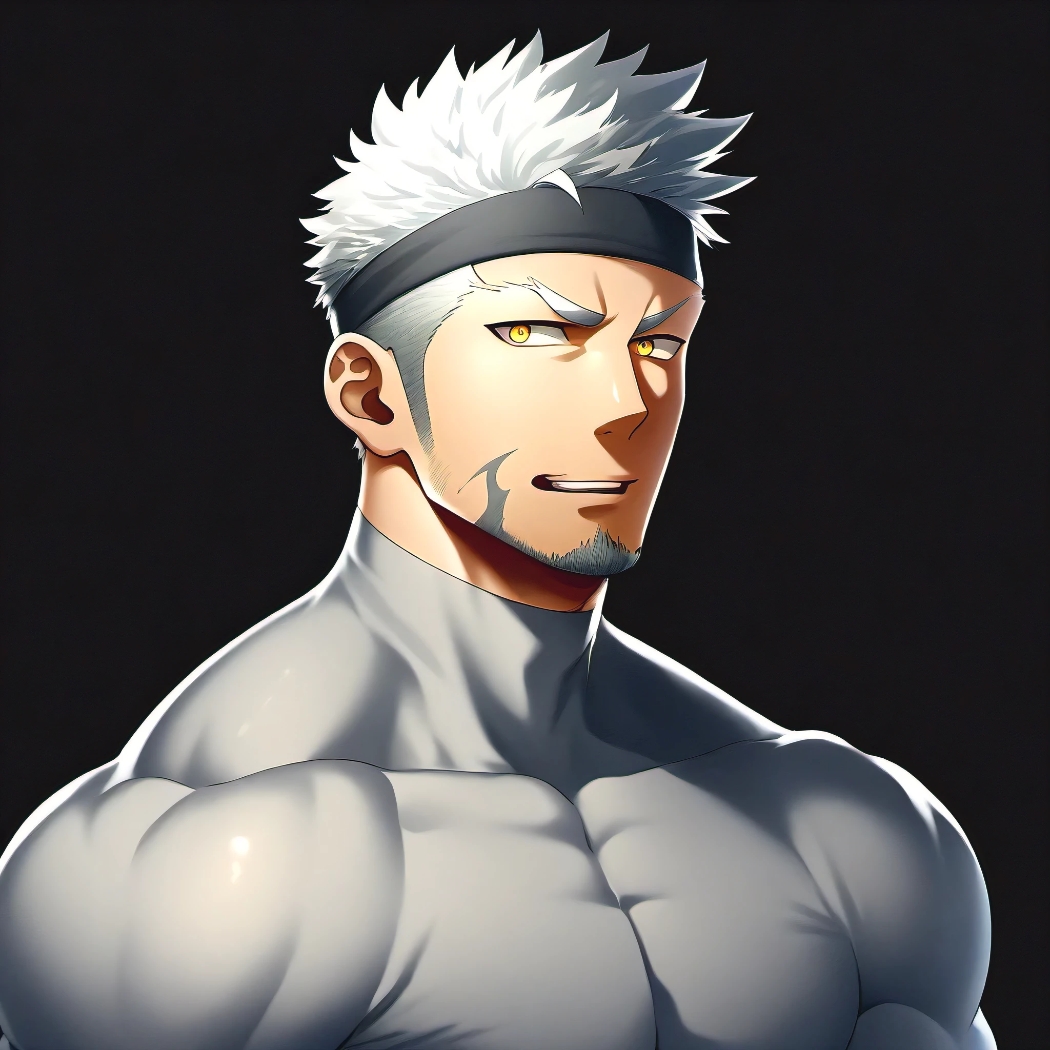 anime characters:priapus, ung muscular man, male focus, Sporty black headband, Light gray turtleneck long-sleeved tights, Very sheer tights, muscular male, muscular, bara, Upper body, alone, white short hair, stubble, yellow eyes, blink, black background, Simple background, amazing quality, best aesthetics, ridiculous, bright pupils, short hair, naughty face, torogao, open lips, best quality