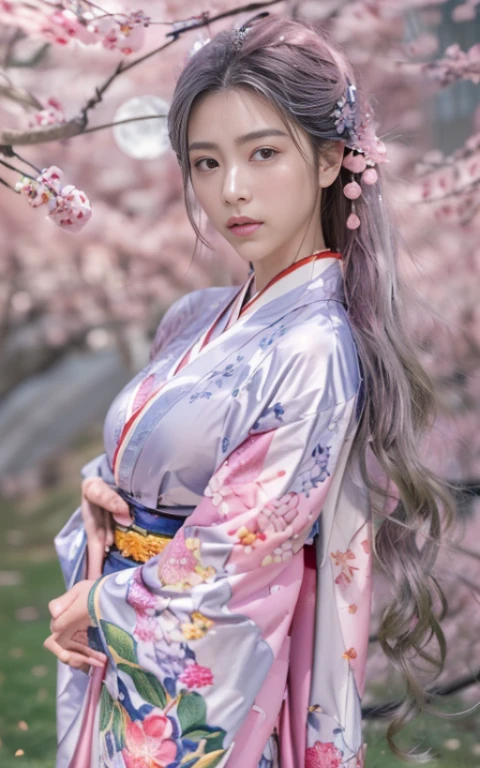 (Beautiful model appearing in Japanese clothing commercial, Beautiful long silver mesh hair swaying in the wind), (alone), ((face is 80% beauty and elegance, 20% pretty and cute:1.5)), (Her roots are in Eastern Europe and Asia), clear eyes, (fine eyes, light brown eyes, bright pupils), double eyelid, (Slightly thick and sexy lips:1.2), Super detailed and incredibly high resolution silver long Kimono, Highly detailed facial texture, impressive body shape, Curvaceous and very attractive woman, (The color of the long kimono is 95% pink and 5% lapis lazuli:1.5), High resolution RAW color photography professional photography, break ultra high-resolution textures, High resolution body rendering, Big eyes, an unparalleled masterpiece, incredible high resolution, Super detailed, stunning ceramic skin, break (Made with plenty of Rinpa silver.、琳派風のshiny redい振袖を着ています。.), (The main color is Rinpa'shiny red.), (丁寧に作られた日本の古典的なshiny redい振袖), ((The embroidery pattern is a Japanese painting style of lapis lazuli birds, cloud, Mountain, river, and flowers)), (A lapis lazuli obi that matches this kimono), ((Delicate and elegant embroidery、shiny redい振袖)), (The background is sparkling silver diamond dust emitted from the moon,Cherry tree:1.5) break ((highest quality, 8K)), sharp focus:1.2, (layer cut, big:1.2), (beautiful woman with perfect figure:1.4), (Beautifully shaped breasts:1.3), thin waist, (correct hand shape:1.5), (full body shot | Rear view)